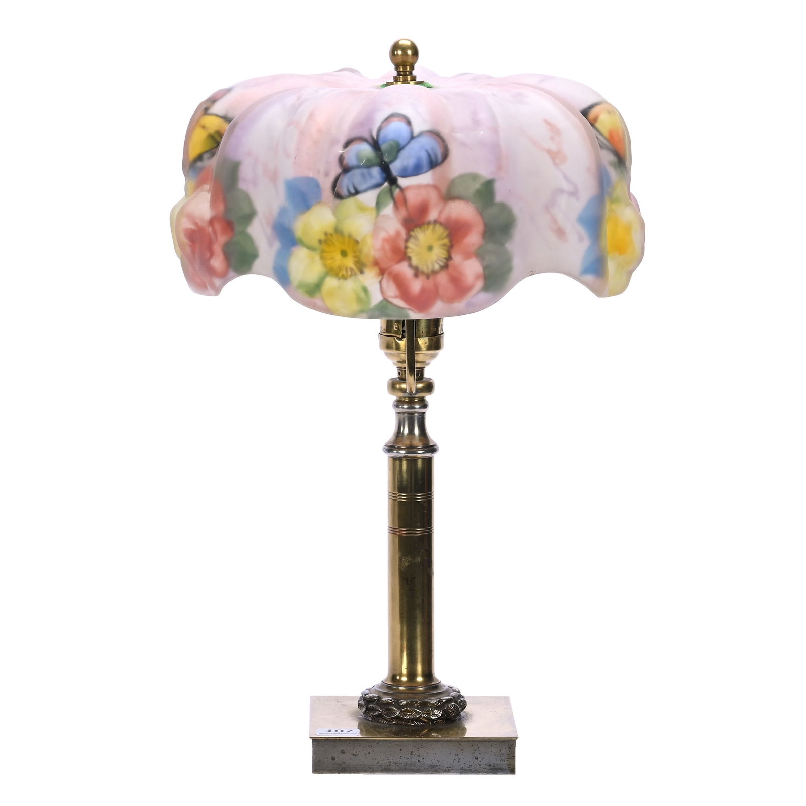 Pairpoint Puffy Boudoir Lamp: Pairpoint Puffy Boudoir Lamp, 15 x 8 x 8 Inches, Papillon Shade Signed Pairpoint, Pink And White With Pink And Yellow Floral And Butterfly Design, Pairpoint #B3046, Electrified Base, Single Bulb,