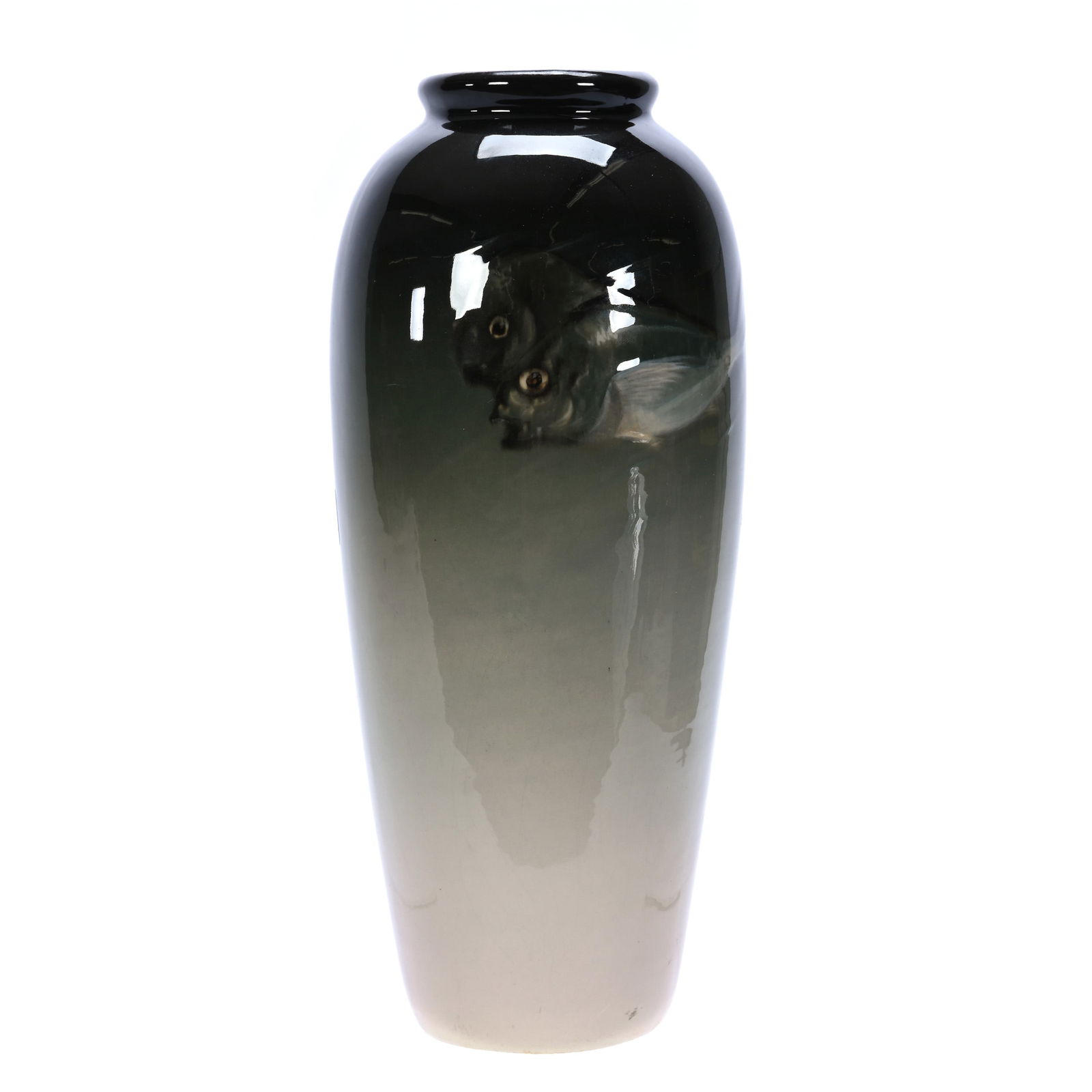 Vase, Weller Eocean Art Pottery: Vase, Weller Eocean Art Pottery, 11.75 x 5 x 5 Inches, Dark Green Shading To White With Two Fish Scenic Decor, Artist Signed L.J.B. (Levi Burgess), Very Nice Example, 3.1 Pounds, Douglas Millhoff Coll