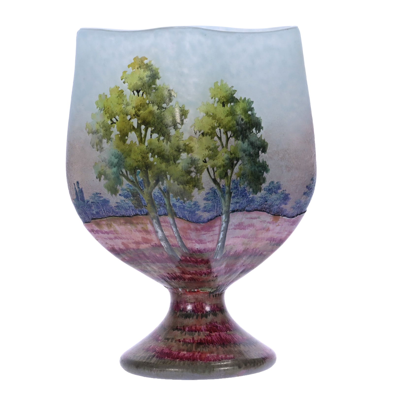 Pedestal Rectangular Vase, Signed Daum Nancy French Cameo Art Glass: Pedestal Rectangular Vase, Signed Daum Nancy French Cameo Art Glass, 4 x 3 x 2.5 Inches, Blue Mottled Ground With Colorful Springtime Field And Tree Scenic Decor, Fantastic Form And Quality, 0.9 Pound