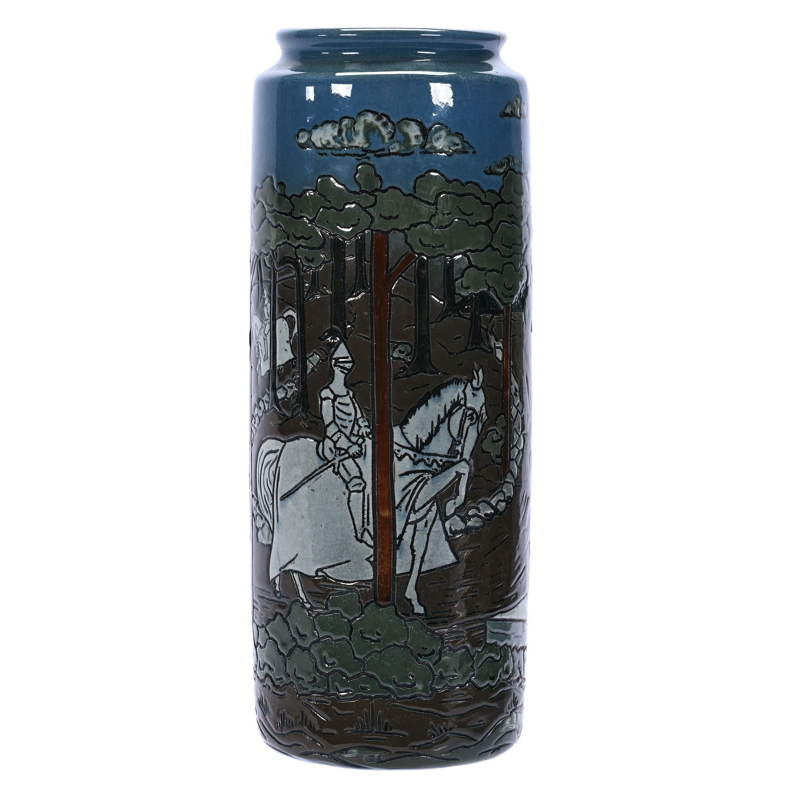 Cylinder Vase, Marked Weller Dickens Ware 2nd Line Art Pottery: Cylinder Vase, Marked Weller Dickens Ware 2nd Line Art Pottery, 10.5 x 4 x 4 Inches, Incredible Scene Featuring Woman Seated On Bench Reading Book With Three White Knights Riding Through Forest, 2.2 P