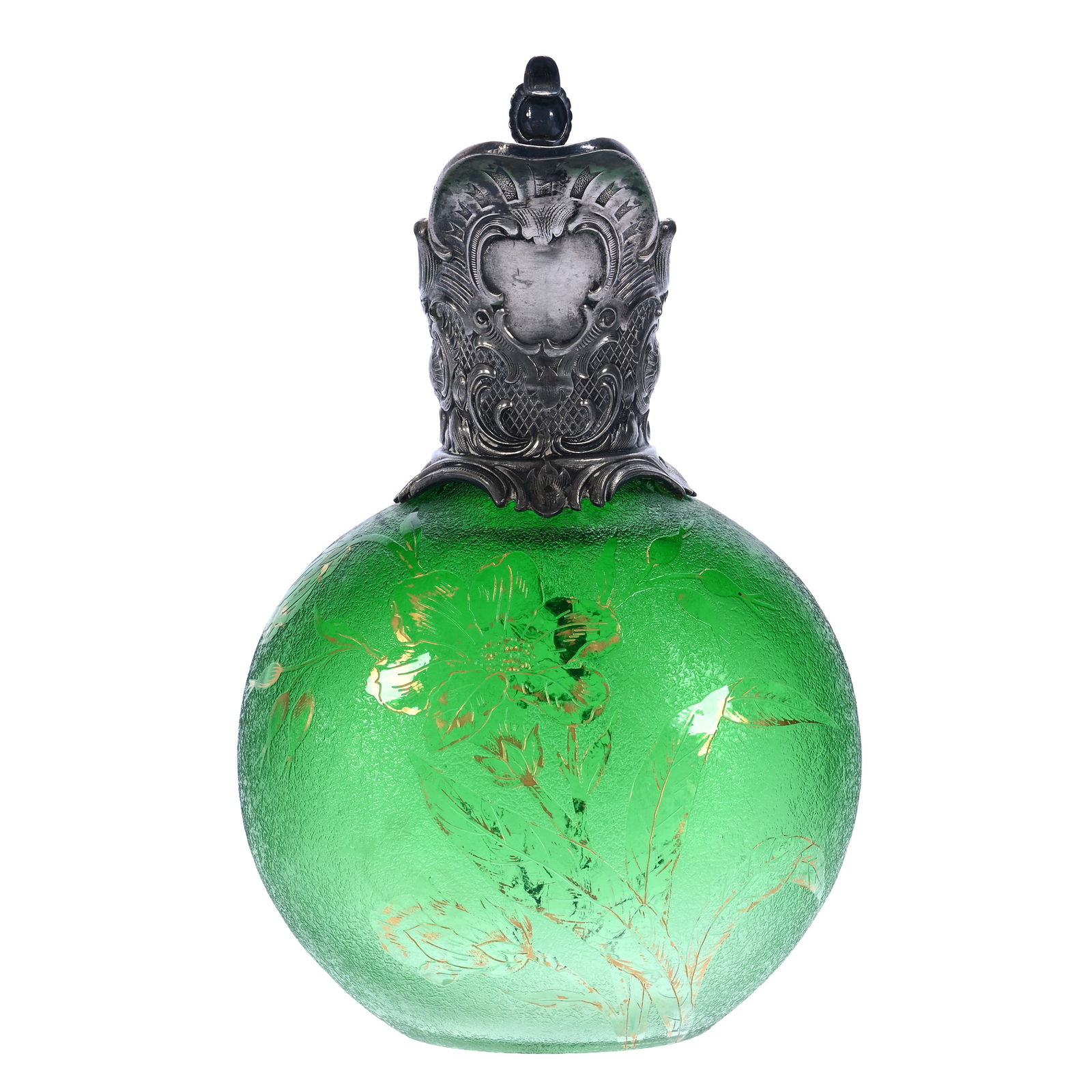 Handled Pitcher, Unmarked Mont Joye Art Glass: Handled Pitcher, Unmarked Mont Joye Art Glass, 9 x 5.75 x 5.75 Inches, Green Acid Cut Body With Floral Decor And Gold Stencil Highlights, Elaborate Silver Plate Spout, Lid, And Handle, 2.6 Pounds, Dou