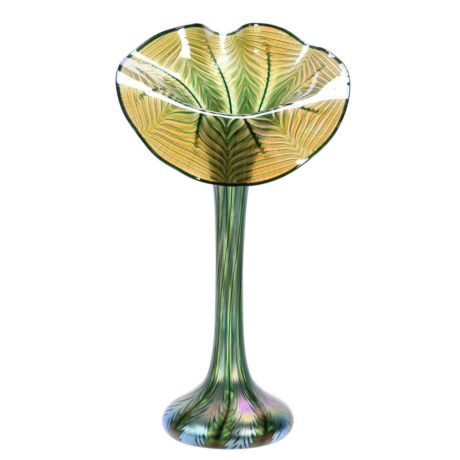 Contemporary Jack In Pulpit, Signed Lundberg Studios: Contemporary Jack In Pulpit Vase, Signed Lundberg Studios, 16 x 7 x 9 Inches, Highly Iridescent Green With Silver Pulled Feather Design, Original Lundberg Studios Numbered Card Describes It As "Large