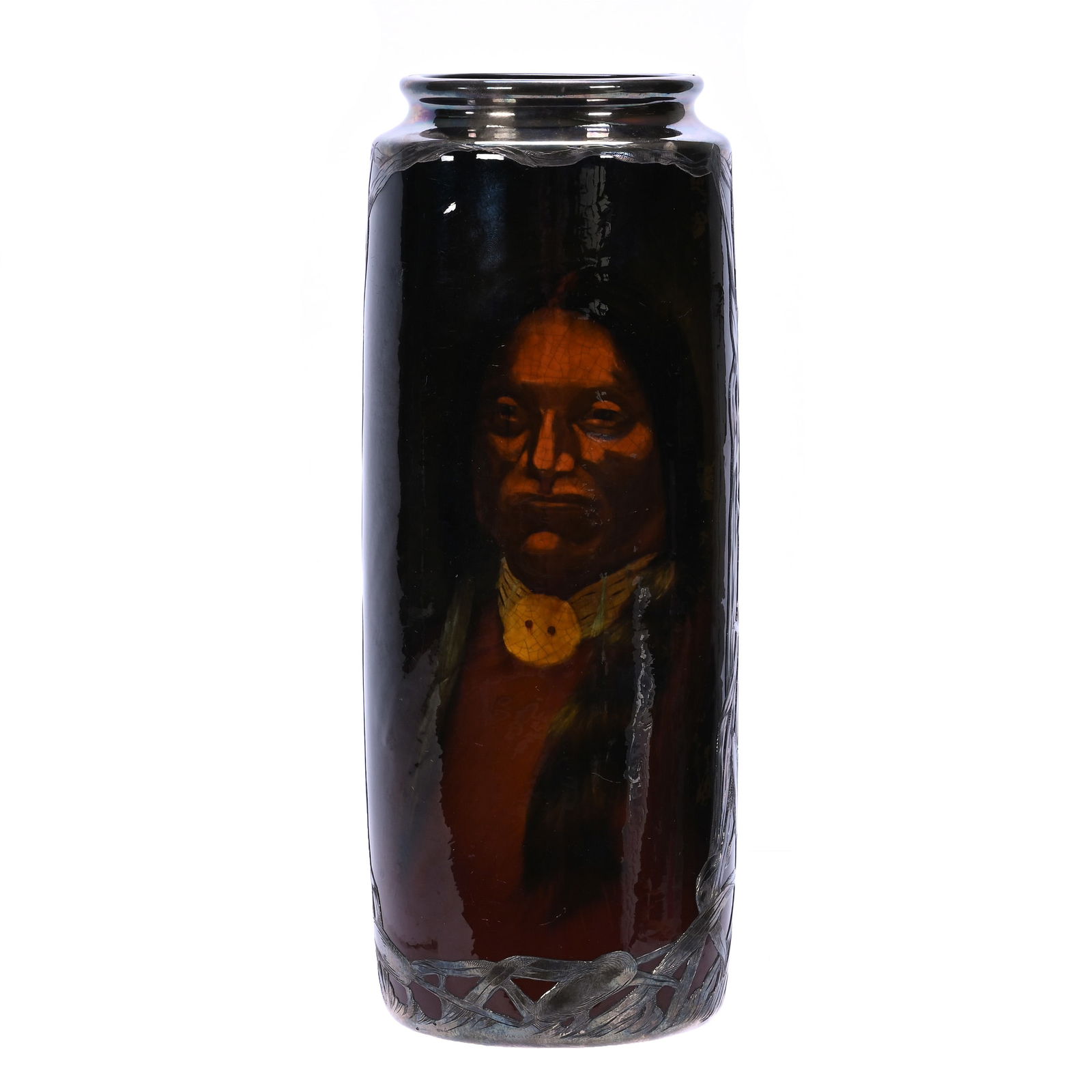 Cylinder Vase, Weller Louwelsa Art Pottery With Fantastic Sterling Silver Overlay (1 of 3)
