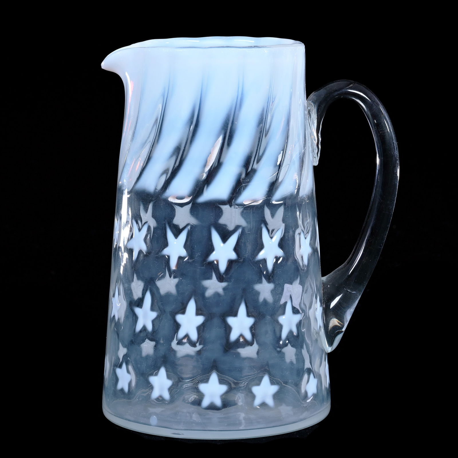 Water Pitcher, Clear Opalescent Art Glass, Stars And Stripes Pattern By Hobbs Brockunier (1 of 3)