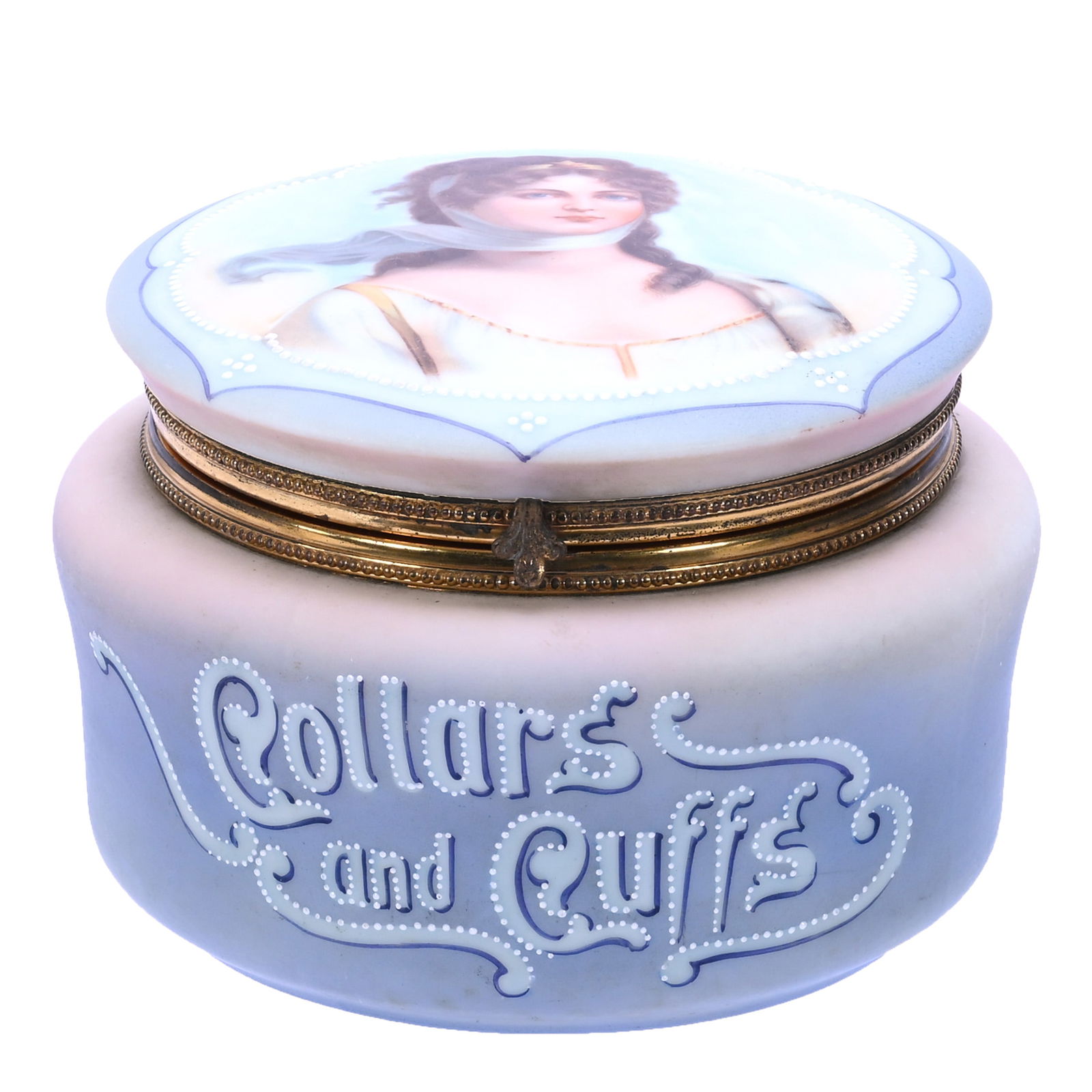 Collars And Cuffs Box, Marked Nakara, Queen Louisa Portrait: Collars And Cuffs Box, Marked Nakara, Queen Louisa Portrait, 5.5 x 7.75 x 7.75 Inches, Lavender And Pink Tones, Labeled "Collars And Cuffs", Beaded White Enamel White Tapestry Highlights, 3.1 Pounds,