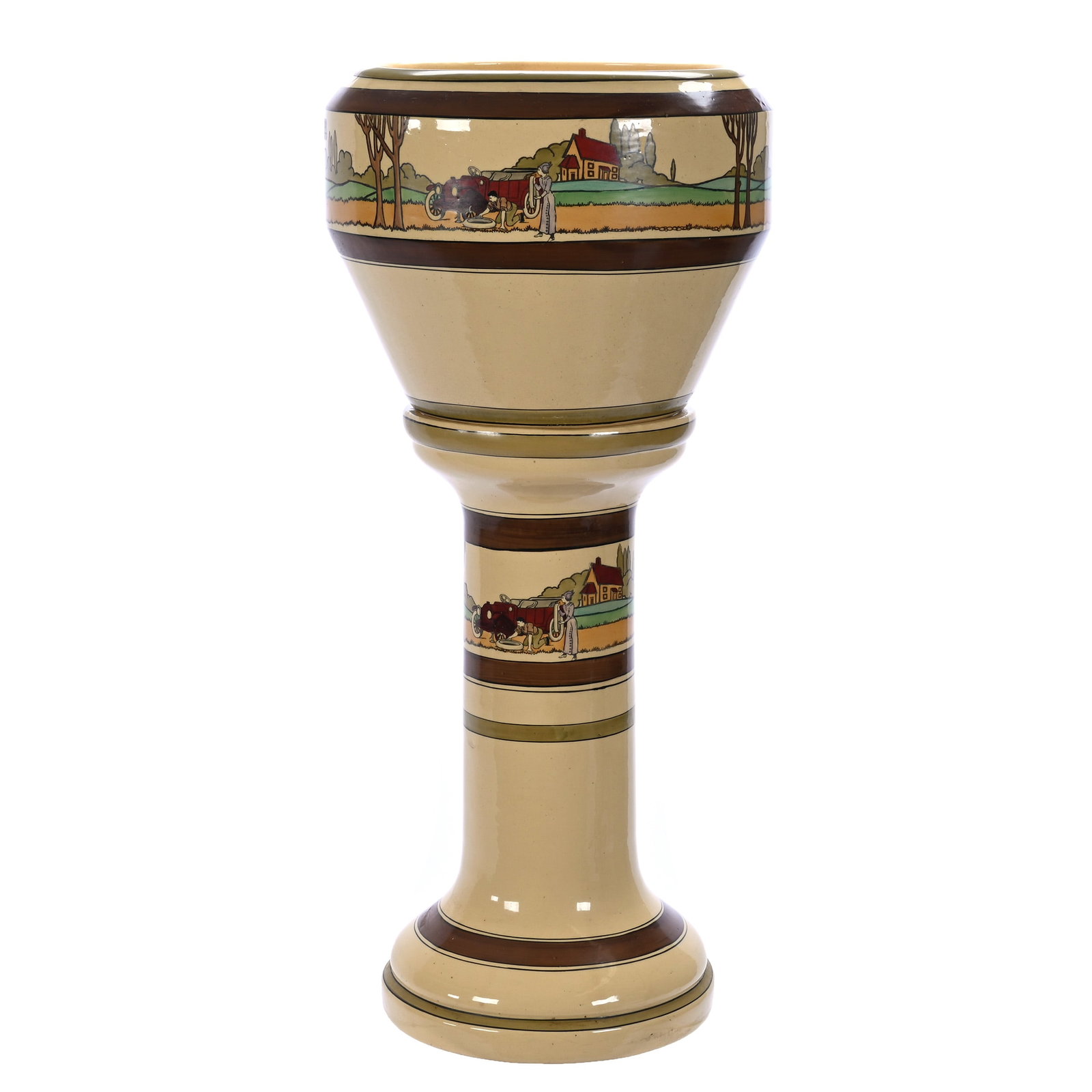 Jardiniere & Pedestal, Two Piece, Unmarked Roseville Art Pottery, Tourist Pattern: Jardiniere & Pedestal, Two Piece, Unmarked Roseville Art Pottery, Tourist Pattern, 32.25 x 15 x 15 Inches, Rare Automobilia Decor, Cream Tones With Green And Brown Bands, Featuring Early American Auto