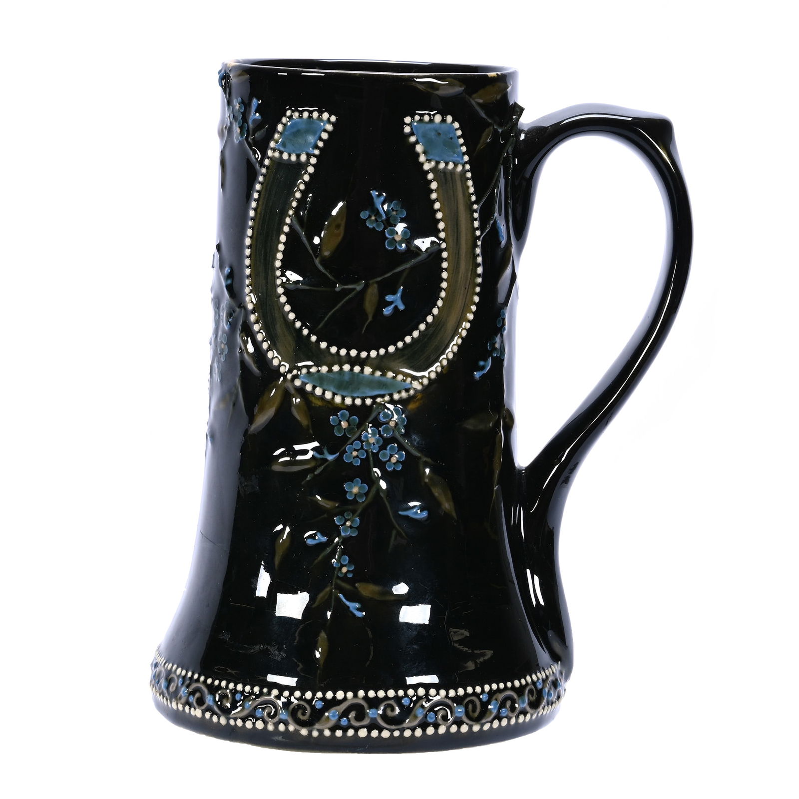 Mug/Stein, Early Weller Dickens Ware Art Pottery - Good Luck Horseshoe Design: Mug/Stein, Early Weller Dickens Ware Art Pottery - Good Luck Horseshoe Design, 6.75 x 5.25 x 4.5 Inches, Dark Brown Background With Horseshoe And Forget-Me-Nots Decor - Considered A "Transition" Piece