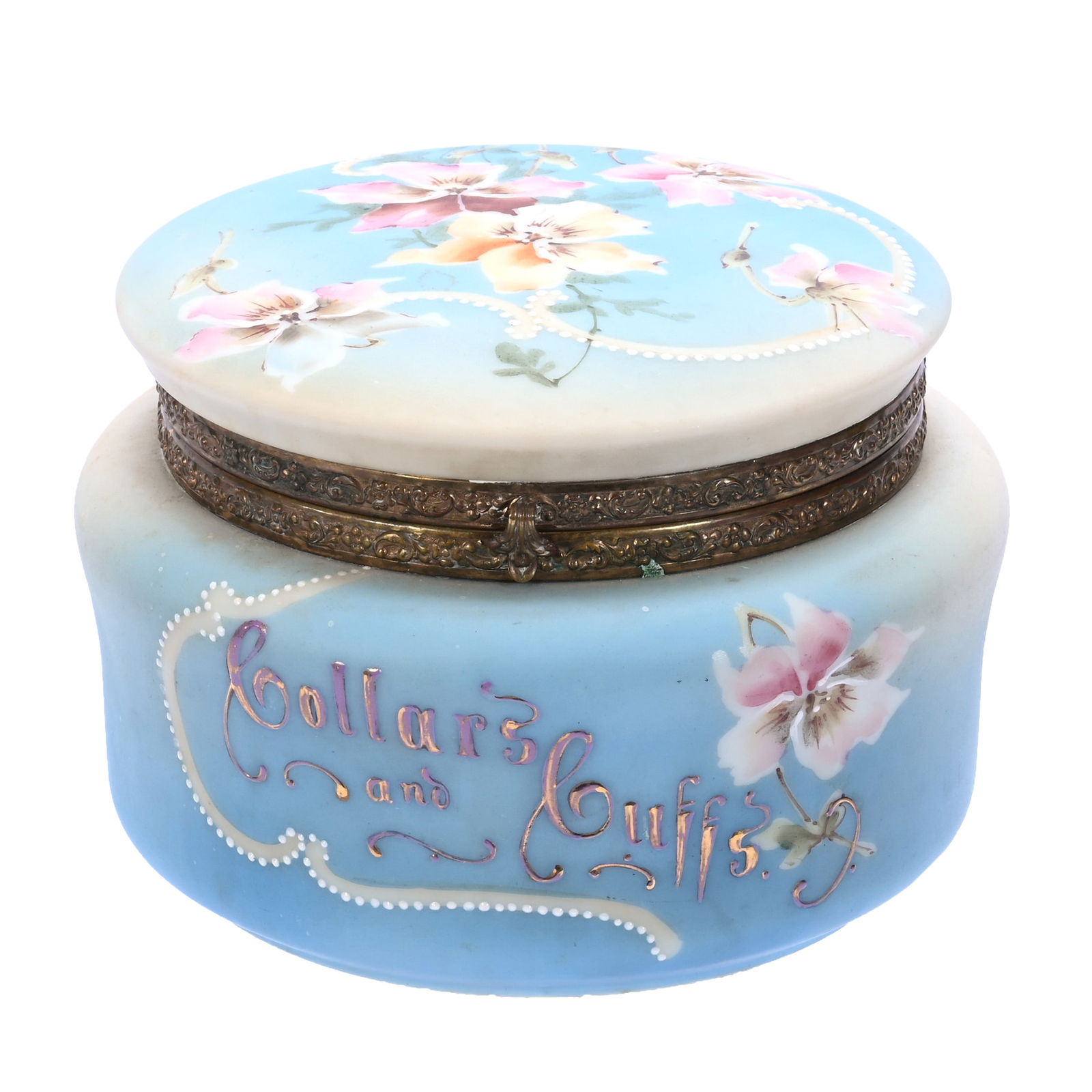 Collars And Cuffs Box, Marked Nakara: Collars And Cuffs Box, Marked Nakara, 5.5 x 7.5 x 7.5 Inches, Blue And Cream Tones With Floral Decor, Enamel "Collars And Cuffs", White Beaded Enamel Tapestry Highlights, 3.4 Pounds, Susie Cessarini C