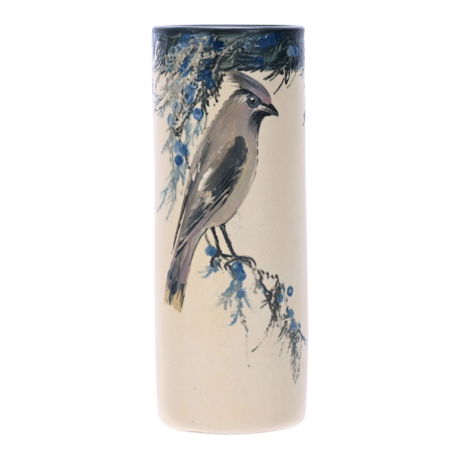 Cylinder Vase, Marked Weller, Hudson Art Pottery - Ivory Background With Bluebird & Berry Decor: Cylinder Vase, Marked Weller, Hudson Art Pottery, Ivory Background With Bluebird And Berry Decor, 8.5 x 3.25 x 3.25 Inches, 1.4 Pounds, Douglas Millhoff Collection, OH.