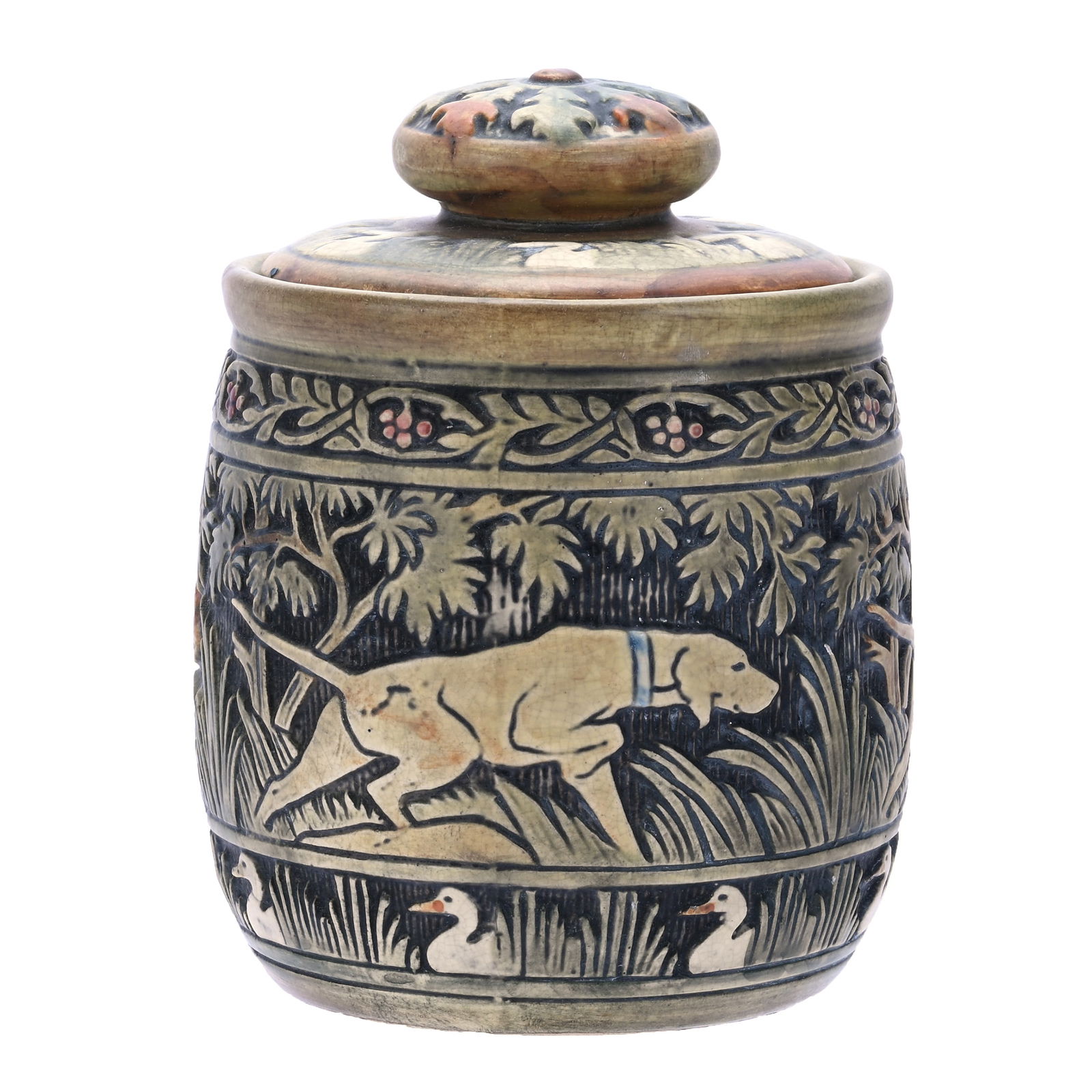 Covered Jar/Humidor, Marked Weller Art Pottery, Knifewood Line With Hunting Dog Theme (1 of 3)