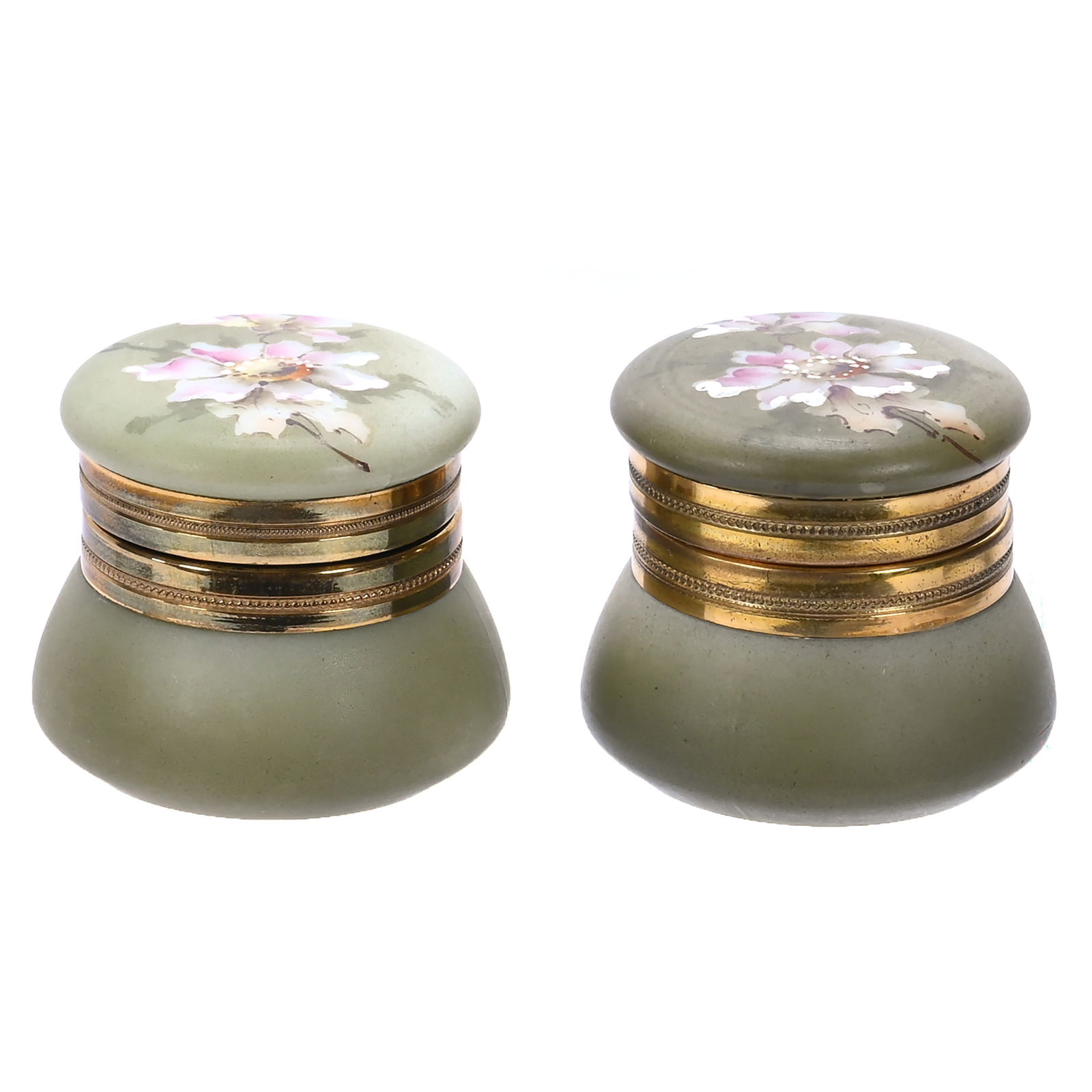 His And Hers Ring Boxes, Marked Nakara: His And Hers Ring Boxes, Marked Nakara, 2 x 2.5 x 2.5 Inches, Green Tones With Pink Floral Decor, Original Lining, Nice Pair, 0.6 Pounds, Susie Cessarini Collection, MD.