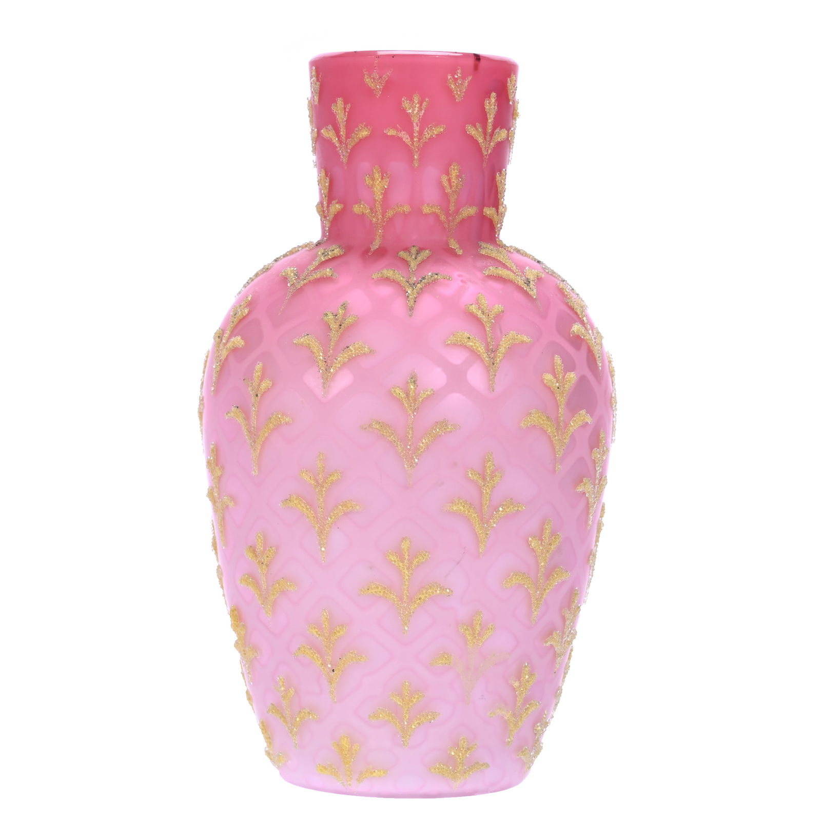 Vase, Pink Satin Diamond Quilted Mother Of Pearl Art Glass With Yellow Coralene Overlay Decor (1 of 3)