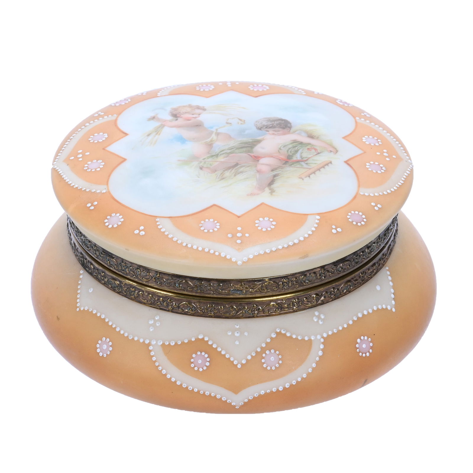 Dresser Box, Marked Nakara: Dresser Box, Marked Nakara, 3.5 x 7.75 x 7.75 Inches, Orange, Yellow, And Pink Tones With Cherubs Harvesting Scenic Decor, Beaded White Enamel Tapestry Highlights, Missing Front Clasp, 2.2 Pounds, Sus