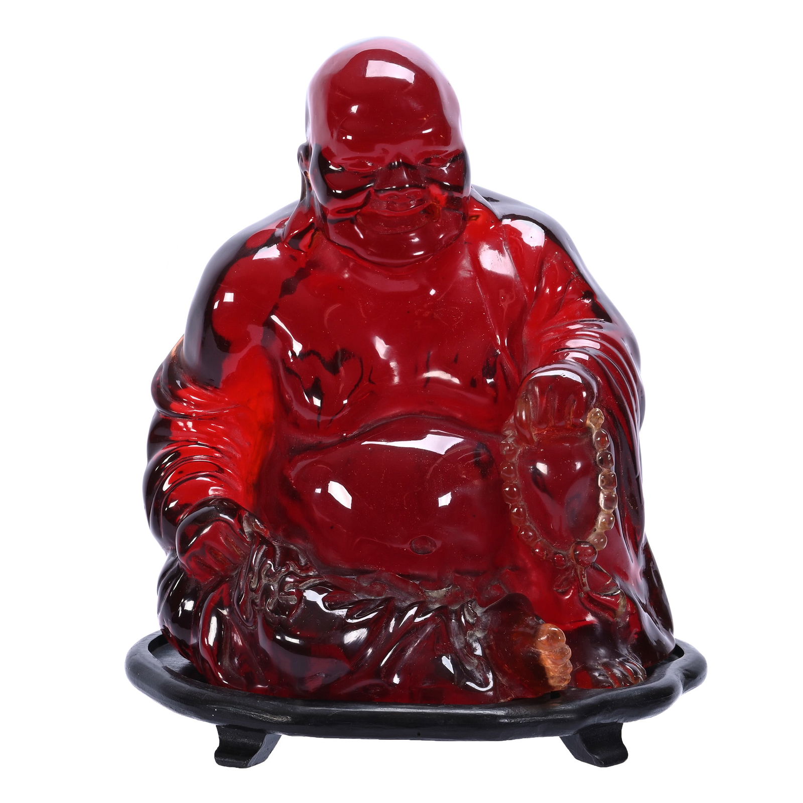 Buddha Figurine, Chinese Red Amber Resin: Buddha Figurine, Chinese Red Amber Resin, 12.5 x 10.5 x 7 Inches, Seated Position On Carved Teakwood Stand, Nice Color, 13.1 Pounds, Douglas Millhoff Collection, OH.