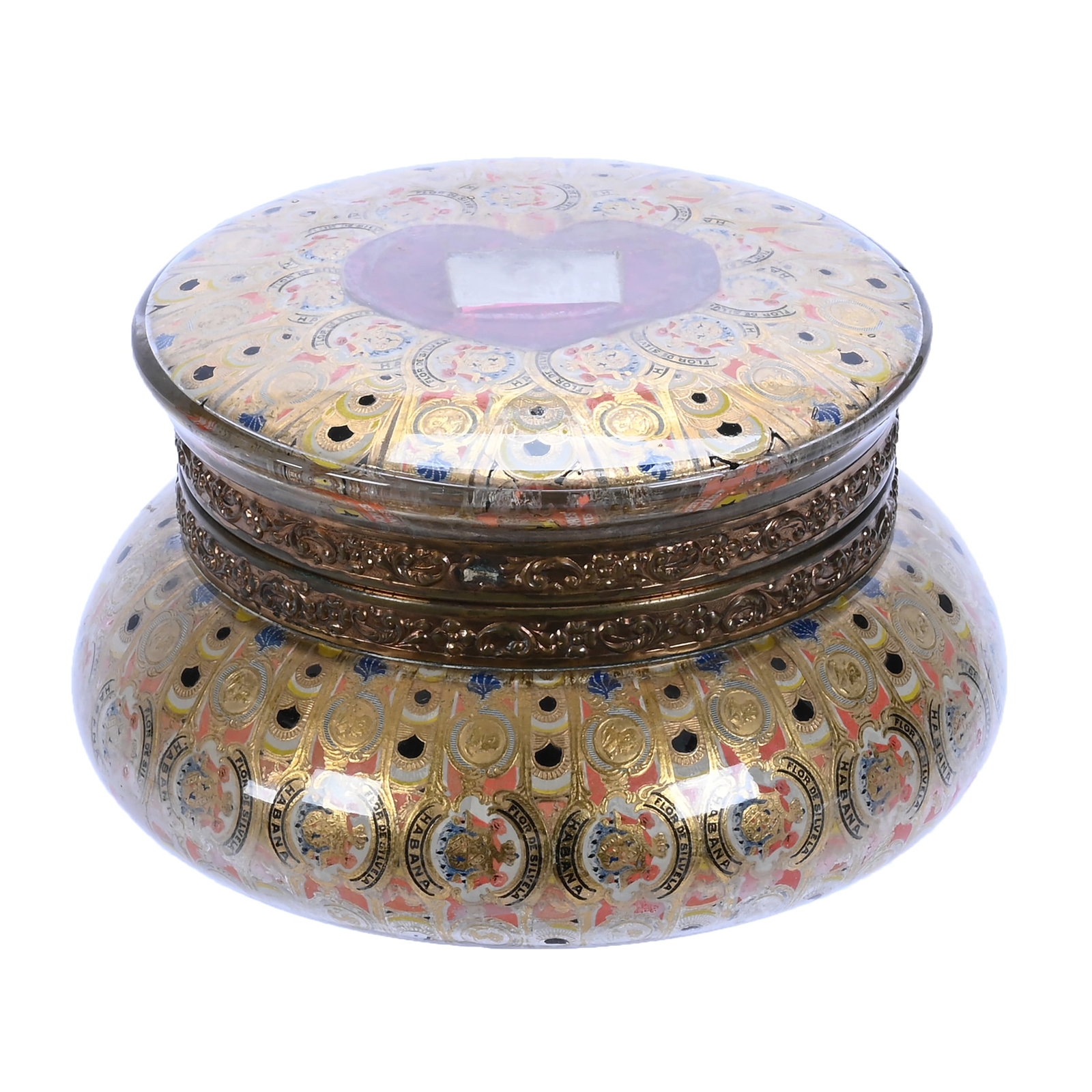 Jewel Box, Unmarked C.F. Monroe Crystal: Jewel Box, Unmarked C.F. Monroe Crystal, 3.5 x 6 x 6 Inches, Tobacco Band Decor With Heart And Portrait, Missing The Front Clasp, 1.5 Pounds, Susie Cessarini Collection, MD.