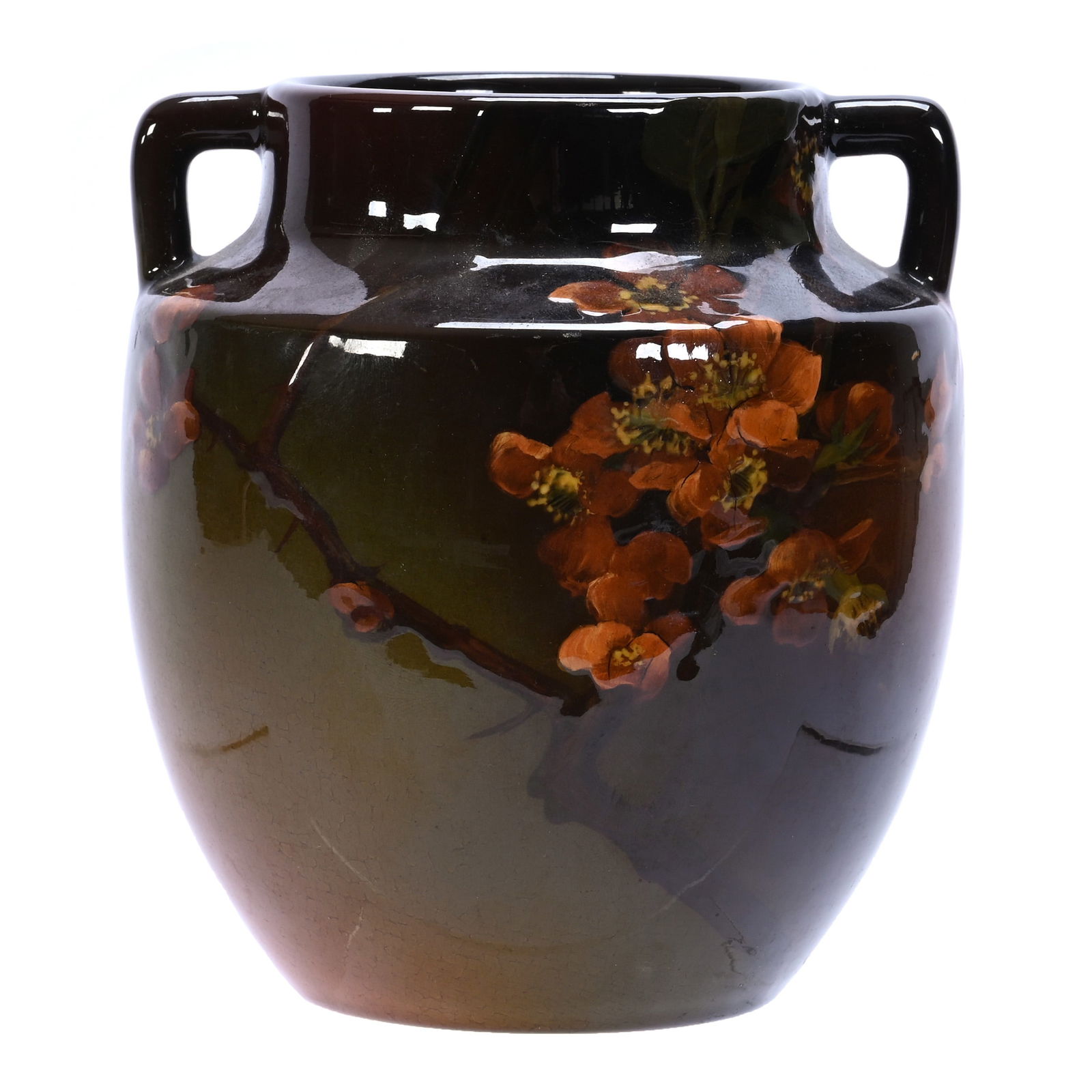 Two Handled Vase, Marked Rookwood Art Pottery #459d, Dated 1902, Artist Signed Howard Altman: Two Handled Vase, Marked Rookwood Art Pottery #459D, Dated 1902, Artist Signed Howard Altman, 5.75 x 5.25 x 5.25 Inches, Brown And Green Tones With Branch And Blossom Decor, 1.6 Pounds, Douglas