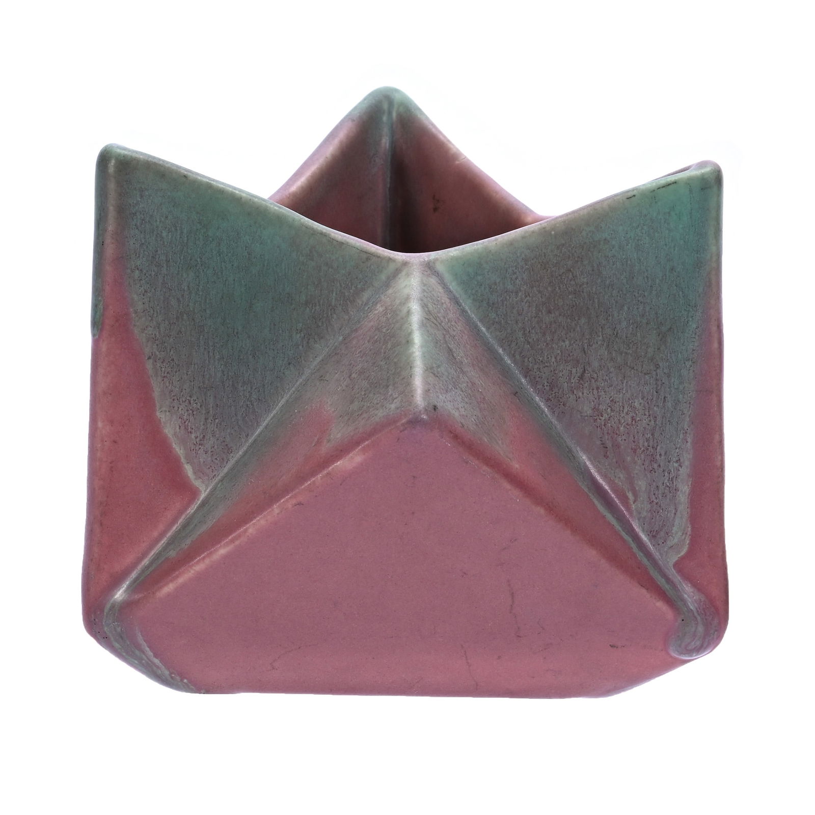 Ruba Rombic Muncia Art Pottery Vase: Ruba Rombic Muncia Art Pottery Vase, 4 x 4.75 x 5 Inches, Green And Pink Glaze, 1.3 Pounds, Douglas Millhoff Collection, OH.