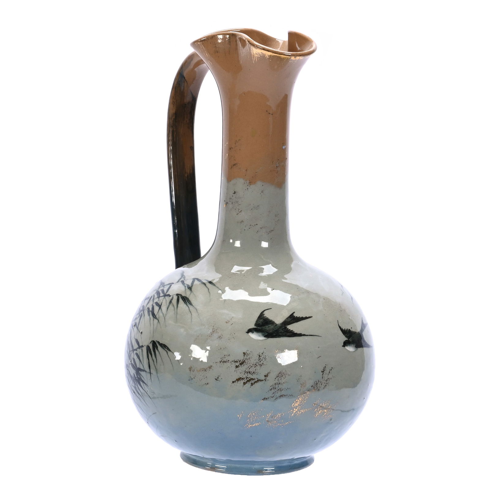 Ewer, Marked Rookwood Art Pottery Dated 1883: Ewer, Marked Rookwood Art Pottery Dated 1883, 11.5 x 6.5 x 6.25 Inches, Beautiful Brown And Blue Tones With Birds In Flight Scenic Decor, Artist Signed A. R. Valentien, 2.6 Pounds, Douglas Millhoff