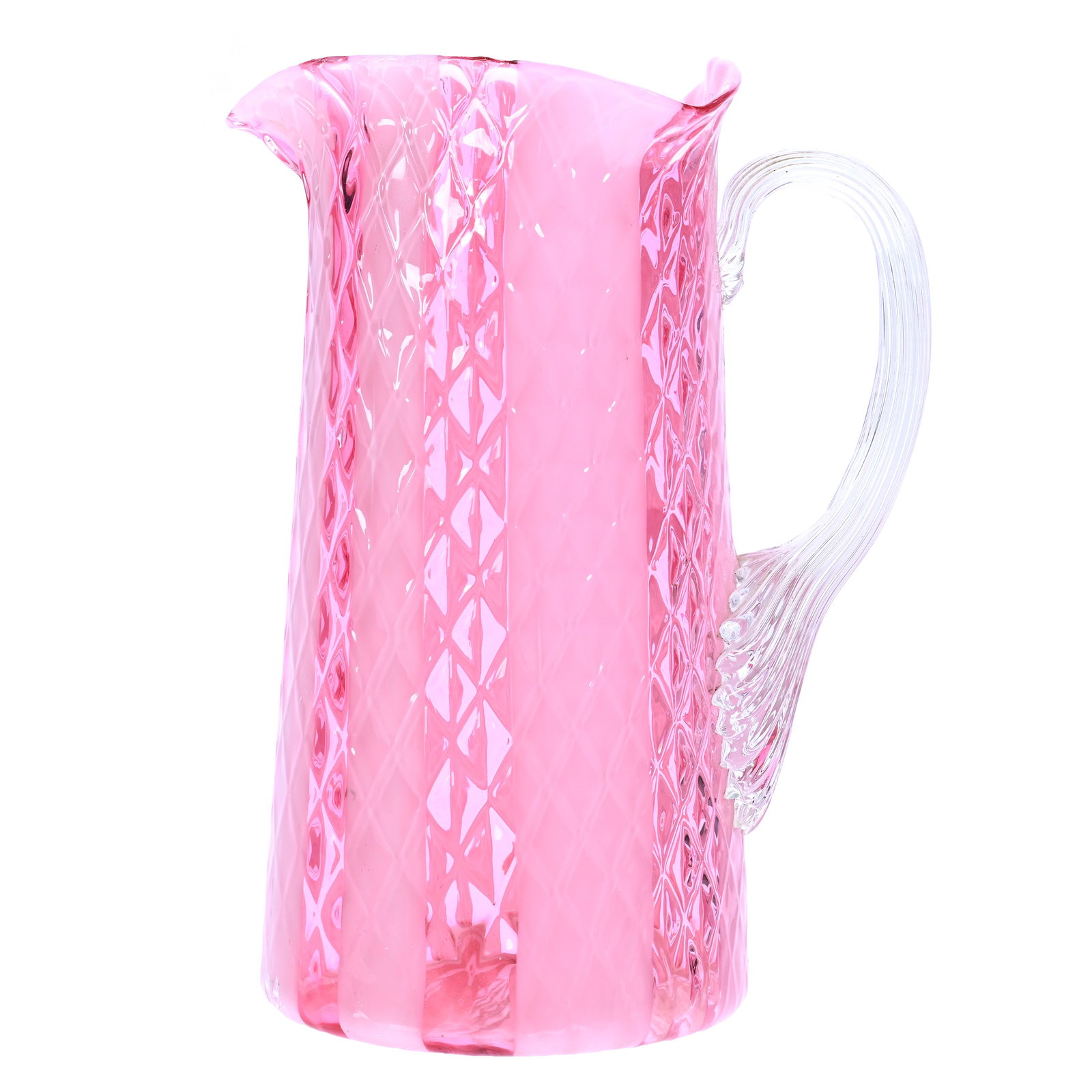 Pitcher, Cranberry Opalescent Striped Diamond Quilted Art Glass (1 of 3)