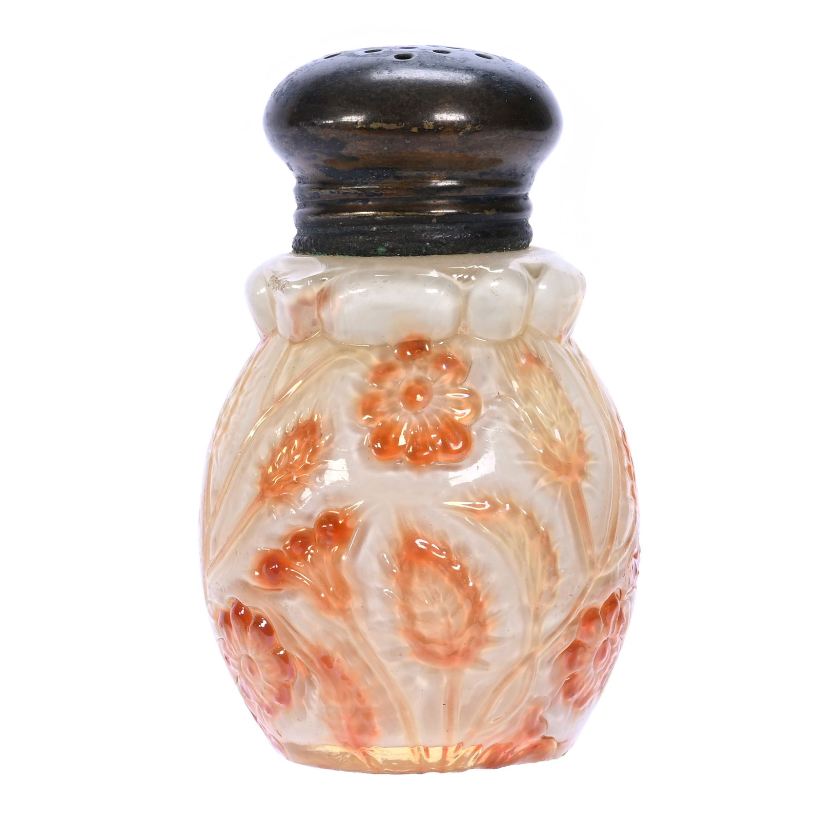 Salt Shaker, Butterscotch Findlay Onyx Art Glass: Salt Shaker, Butterscotch Findlay Onyx Art Glass, 3 x 2 x 2 Inches, Floradine Pattern By Dalzell, Gilmore And Leighton (1885-1898), 0.2 Pounds, Douglas Millhoff Collection, OH.