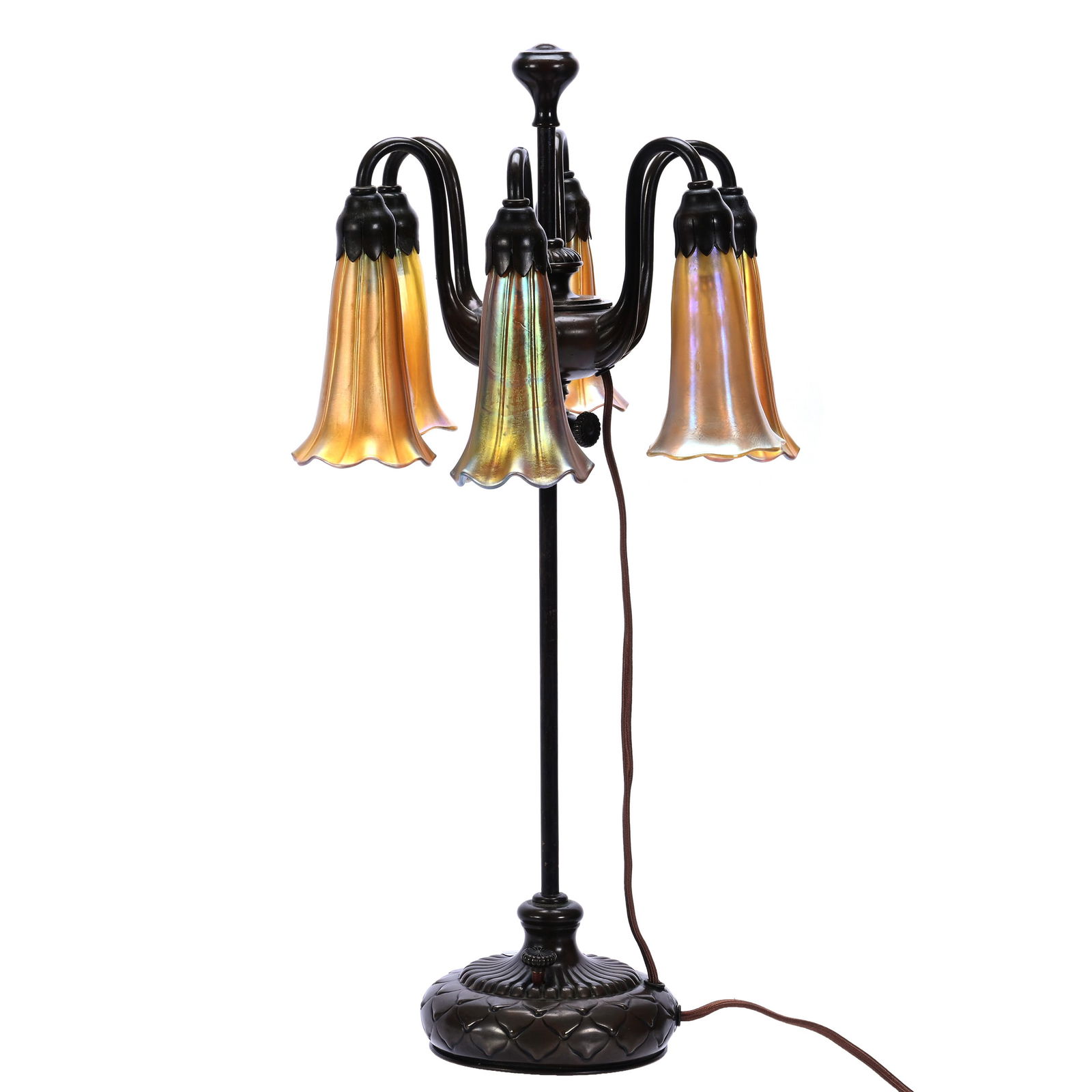 Desk Lamp Marked Tiffany Studios #1064, Six Iridescent Art Glass Ribbed Light Shades (1 of 7)