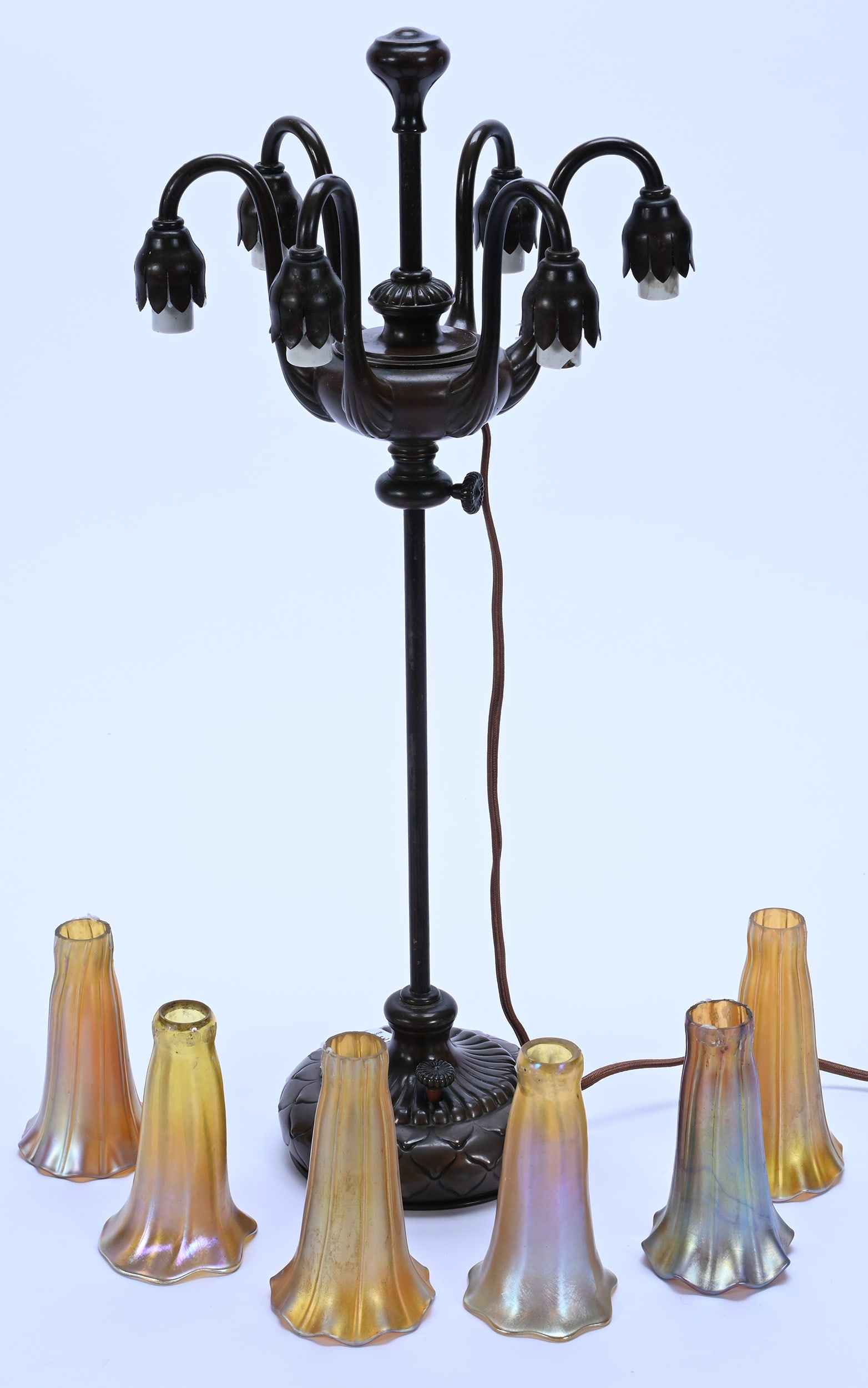 Desk Lamp Marked Tiffany Studios #1064, Six Iridescent Art Glass Ribbed Light Shades - 2