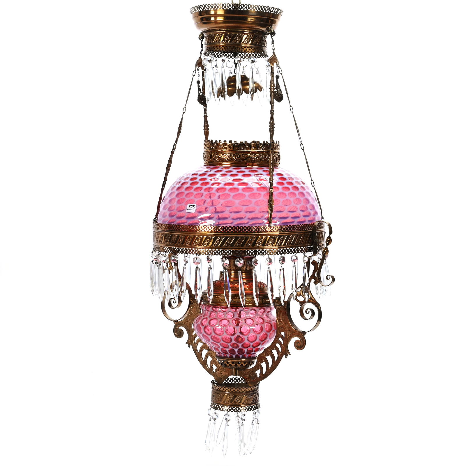 Hanging Parlor Lamp, Cranberry Opalescent Windows Pattern Shade & Font (1 of 4)