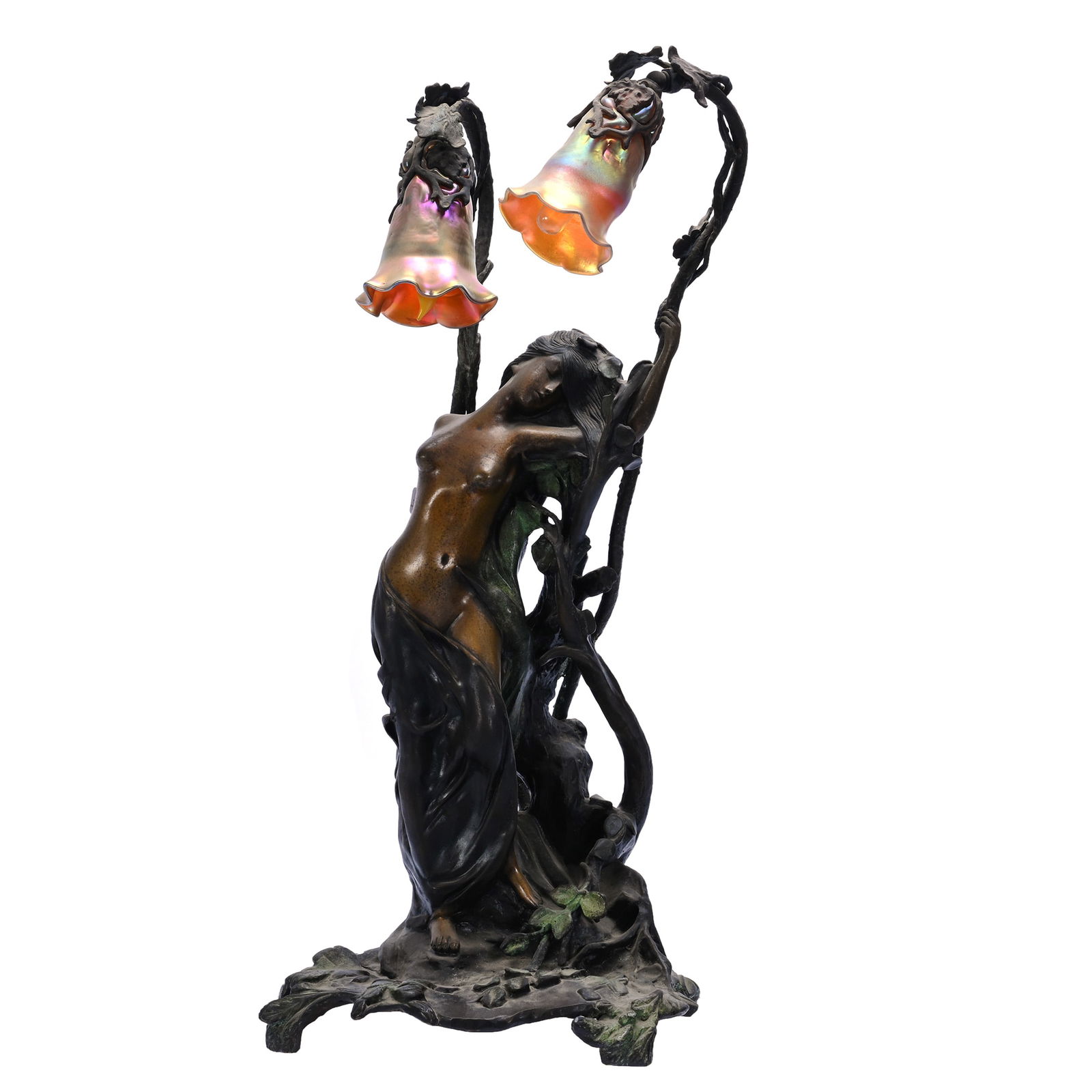 Table Lamp, 20th Century Figural Bronze Art Nouveau Design, Gold Iridescent Shades (1 of 4)