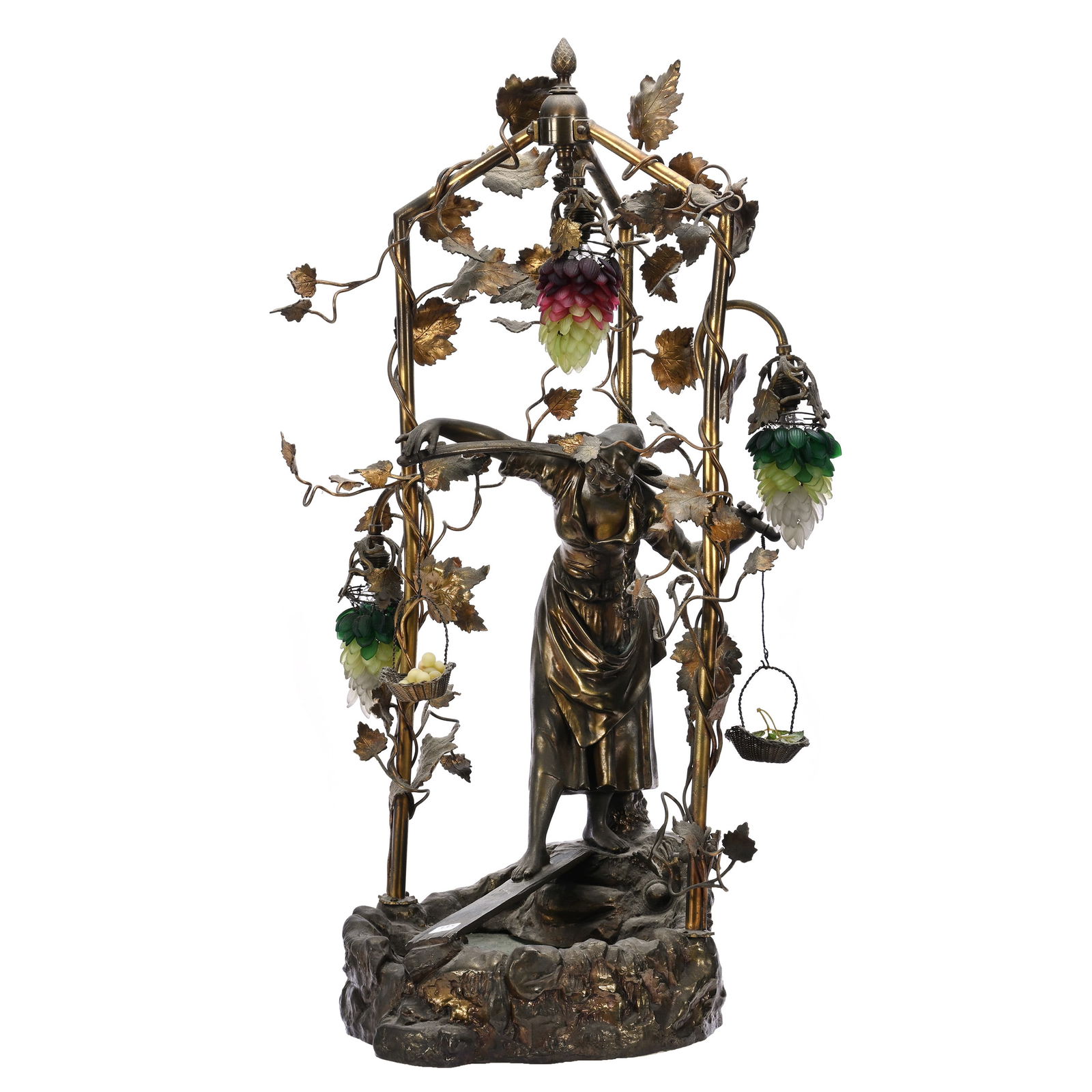 Figural Brass Table Lamp, Woman Crossing Water On Plank, Carrying Fruit Basket (1 of 5)