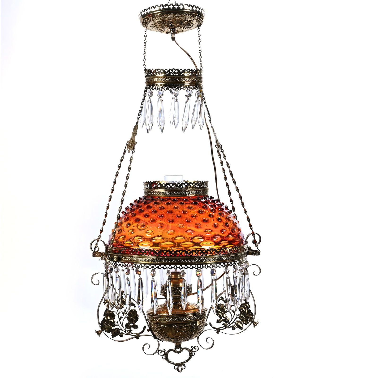 Hanging Parlor Lamp, Rainbow Hobnail Art Glass Shade (1 of 4)