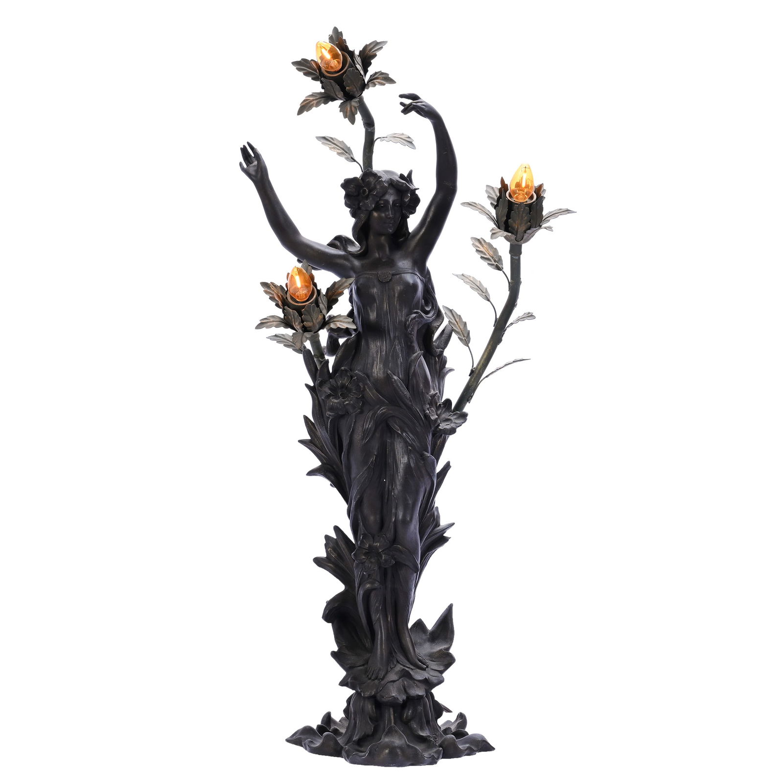 Figural Metal Lamp, Art Nouveau Woman Among Blossoms, Artist Signed (1 of 5)