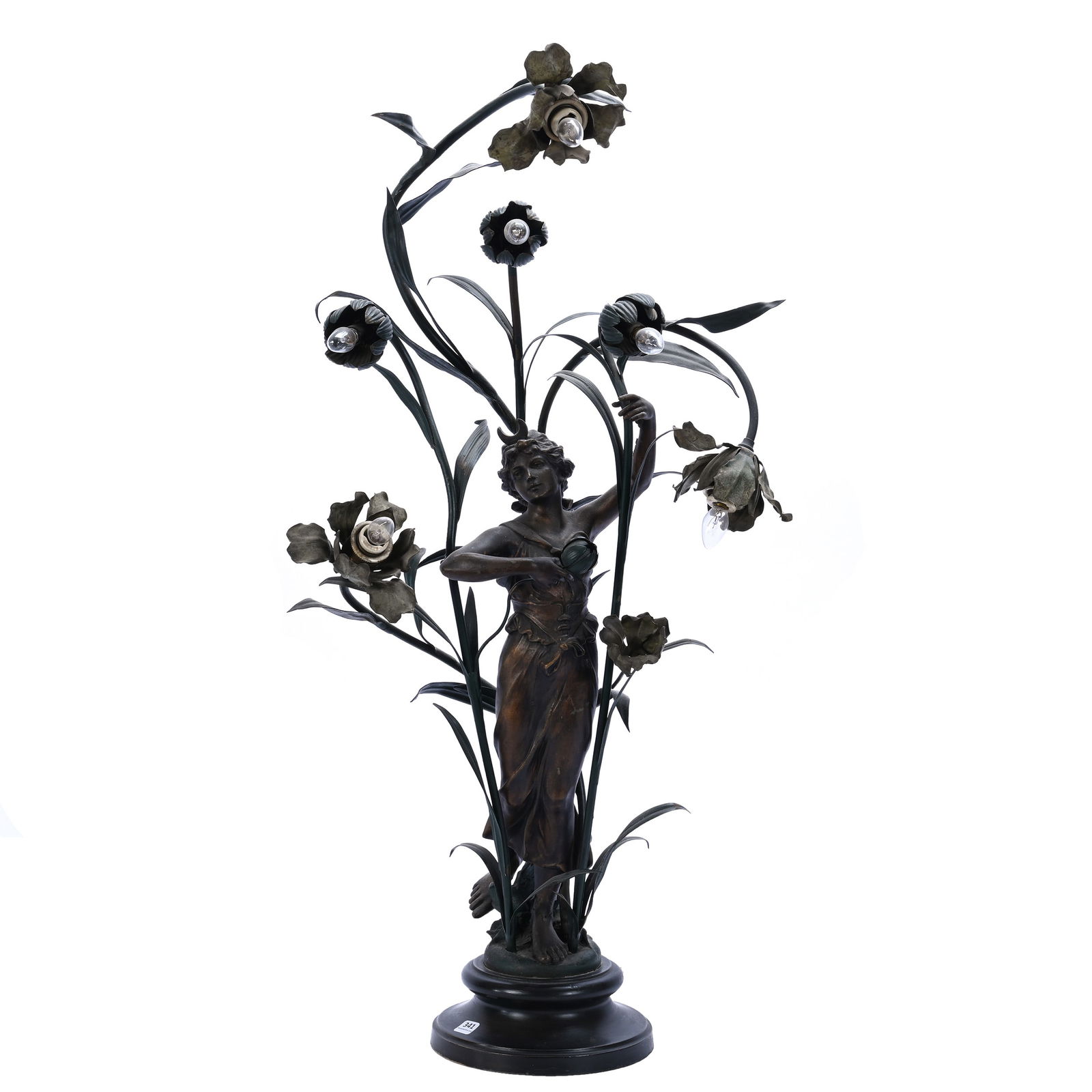 Figural Metal Newell Post Lamp, Woman Among Flowers (1 of 4)