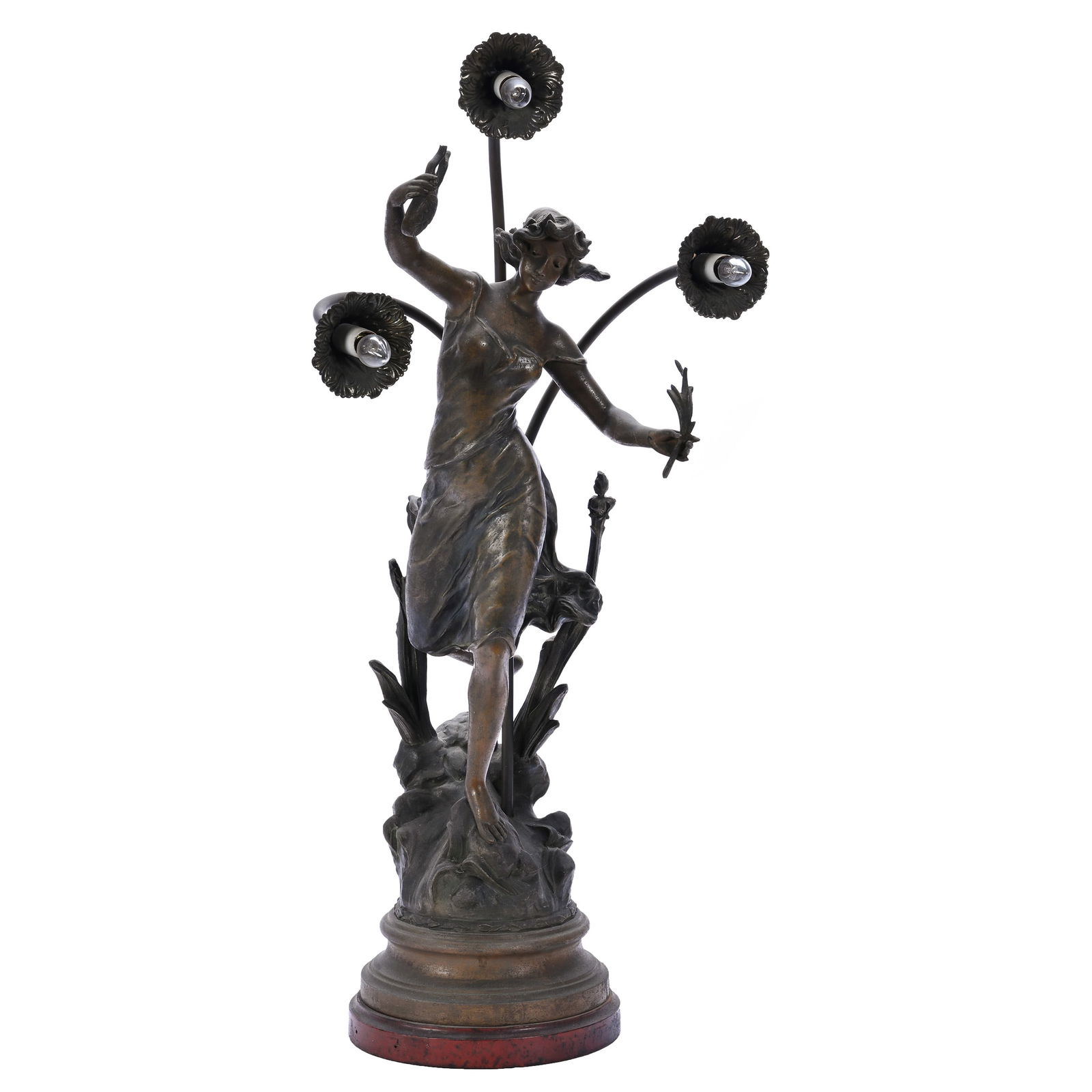 Figural Newell Post Spelter Lamp, Art Nouveau Style With Woman Carrying Lyre Surrounded By Flowers (1 of 6)