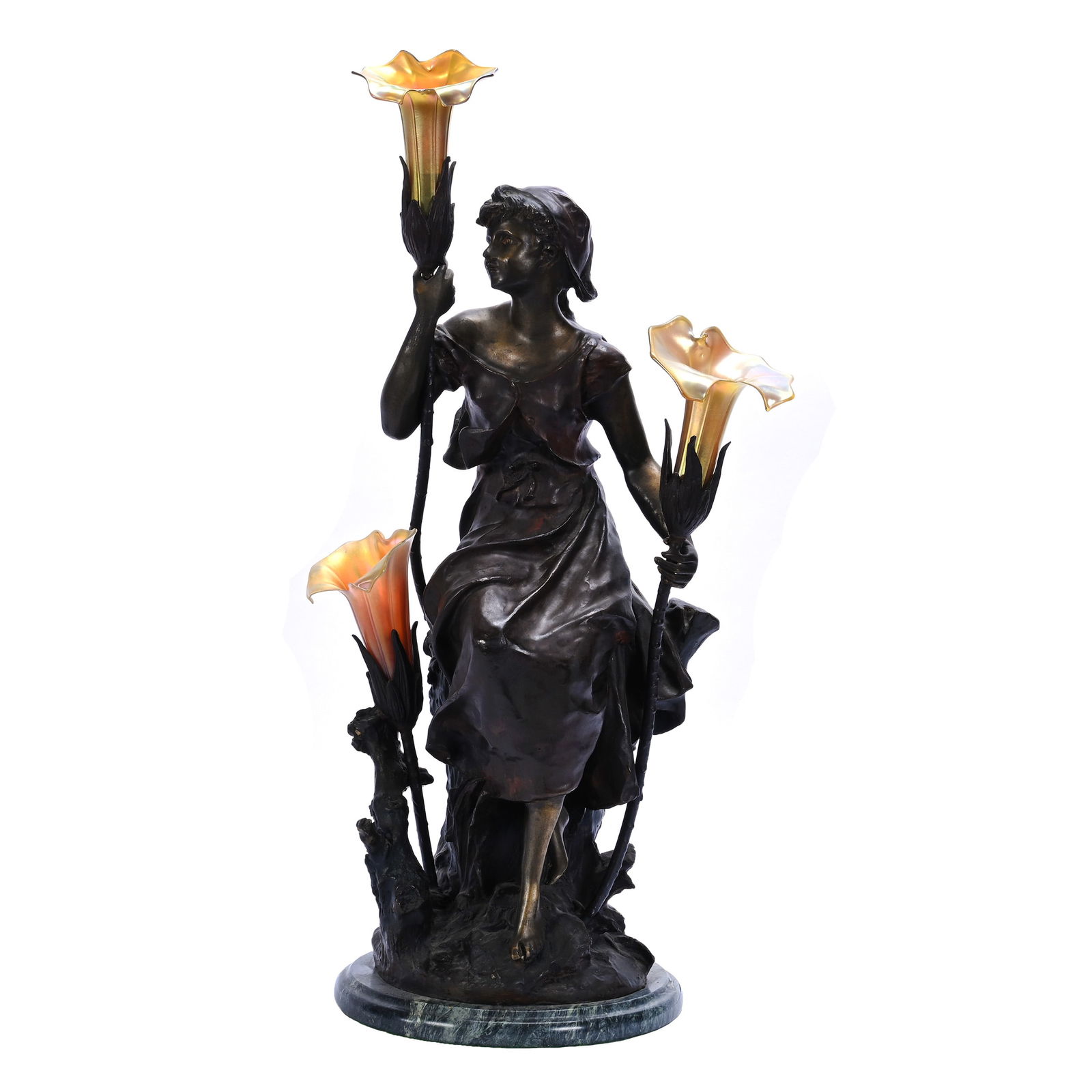 Solid Bronze Figural Lamp, Green Marble Base, Three Removable Iridescent Lily Light Shades (1 of 6)
