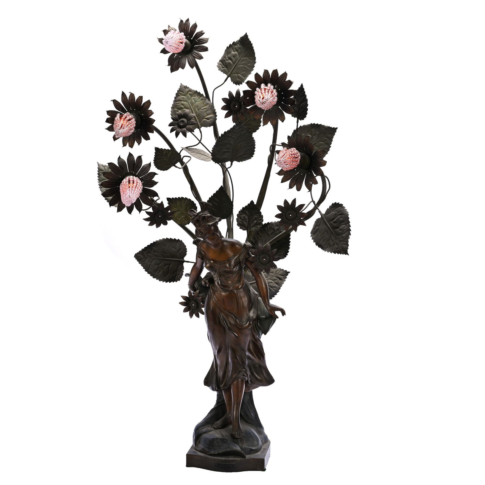 Figural Metal Table Lamp, Art Nouveau Design Featuring Woman Among Flowering Vines, Titled "Flora" (1 of 5)