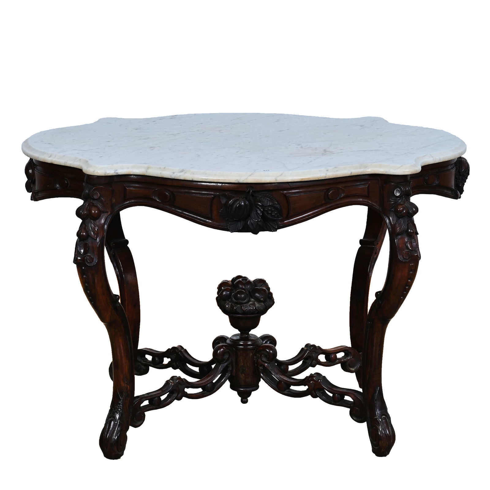 Parlor Table, Turtle Top With White Marble, Walnut With Carved Fruit & Fruit Basket (1 of 5)