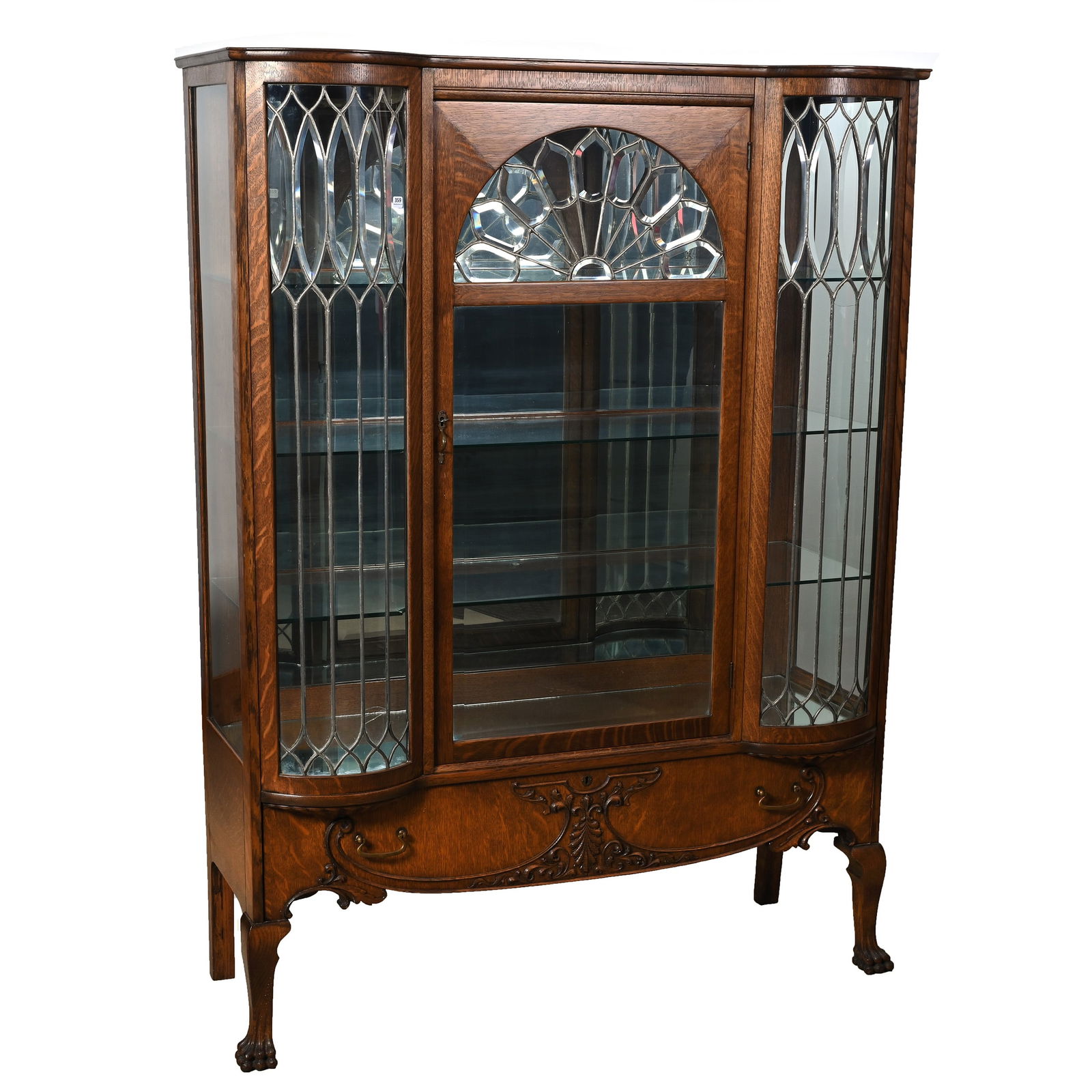 China Cabinet, Oak Double Bow Front With Extensive Leaded & Beveled Glass Panels (1 of 7)
