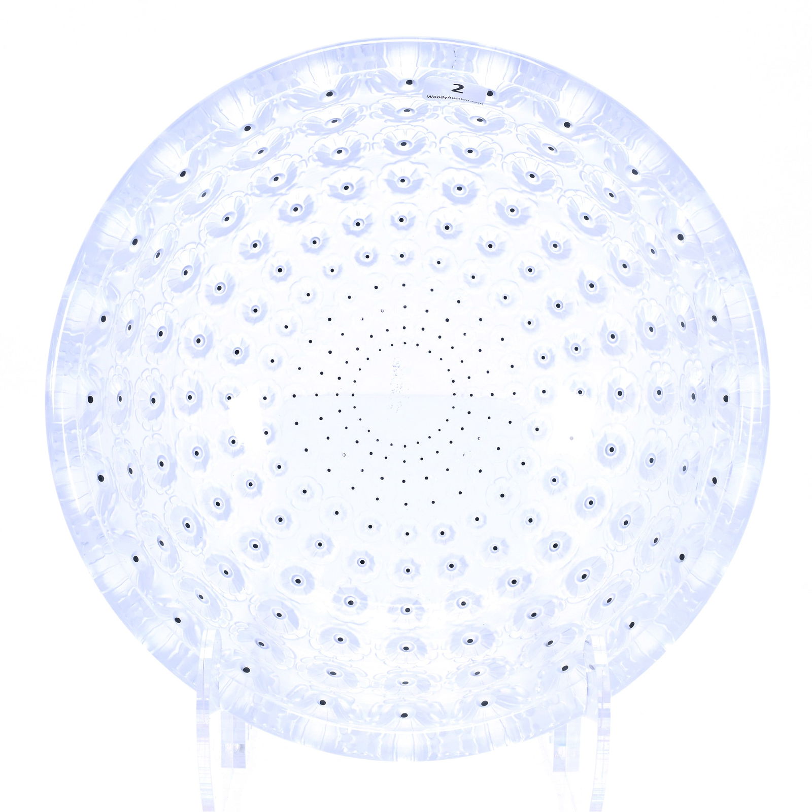 Bowl, Signed Lalique France, Nemours Pattern: Bowl, Signed Lalique France, Nemours Pattern, 4 x 10 x 10 Inches, Black Enamel Center Blossom Highlights, 5.3 Pounds, Charles and Nikia Schulte, Missouri.