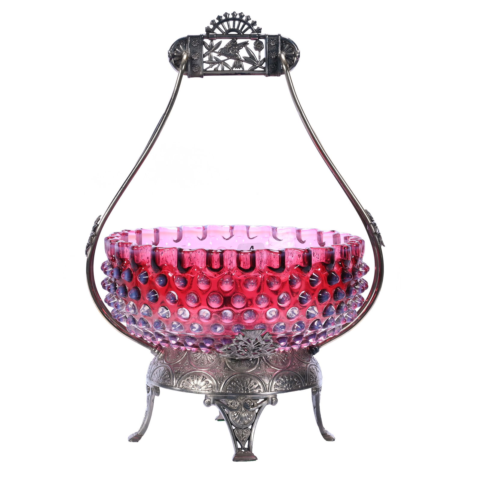 Victorian Brides Basket, Cranberry Opalescent Hobnail Art Glass Bowl (1 of 6)
