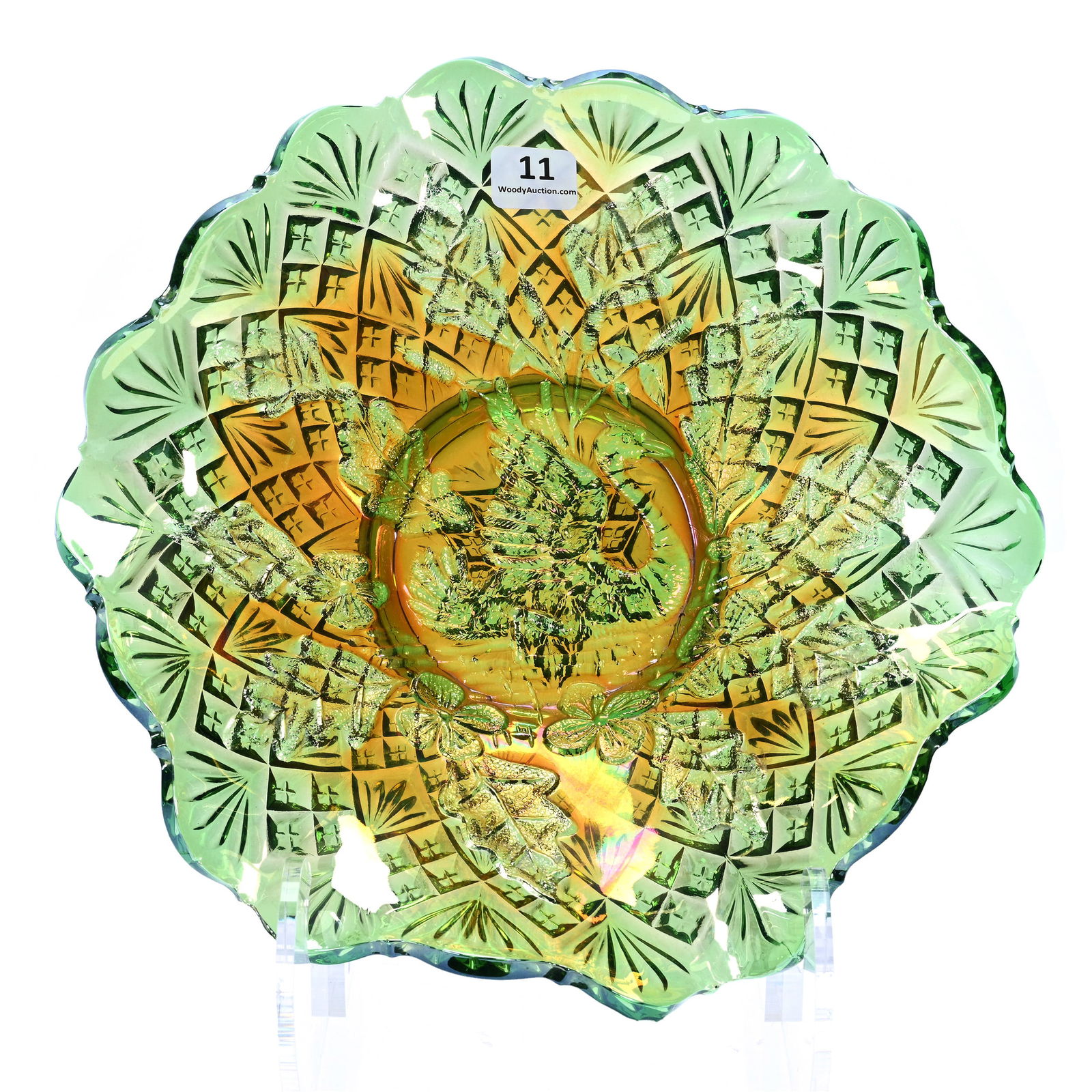 Bowl, Carnival Glass, Nesting Swan Pattern By Millersburg, Green (1 of 2)