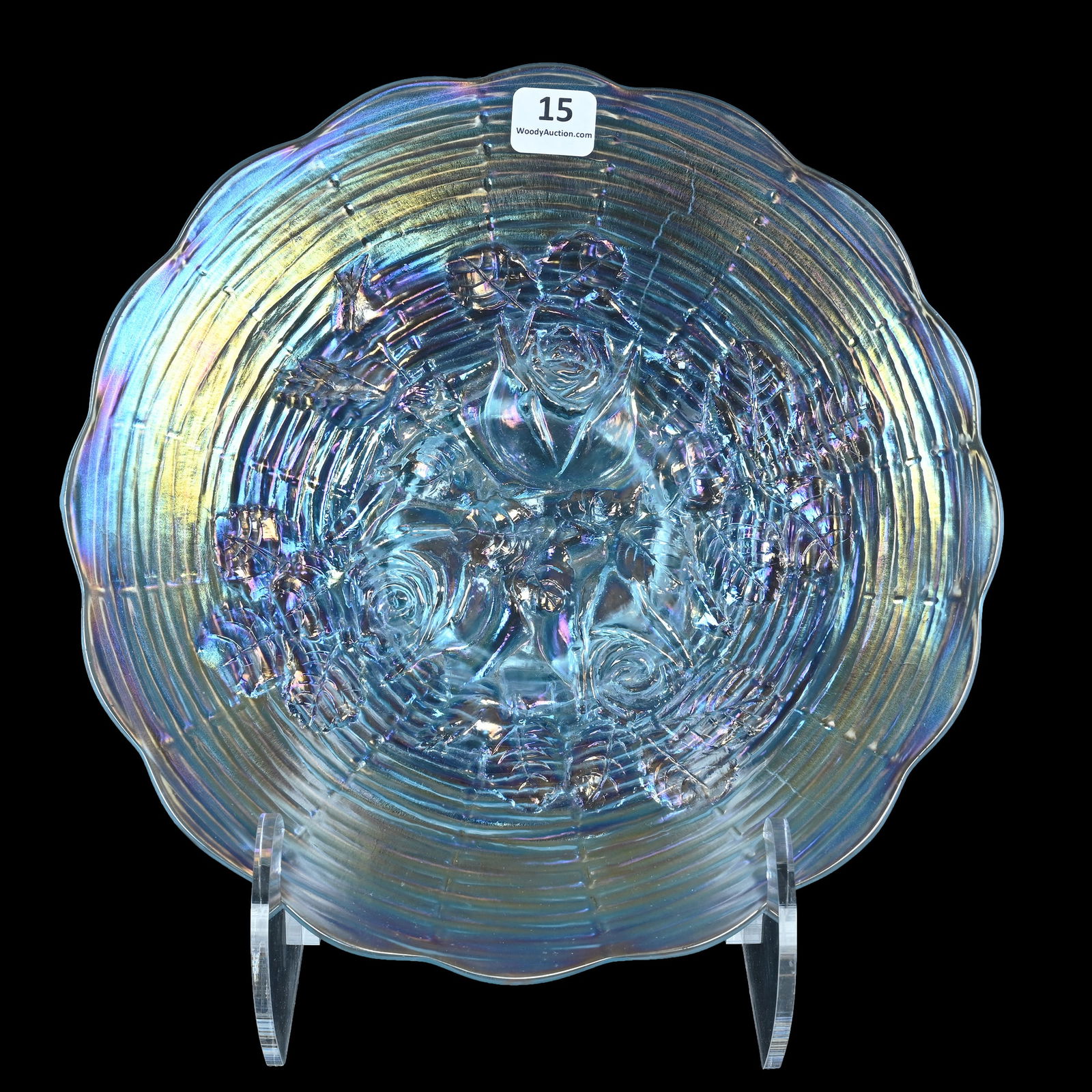 Plate, Carnival Glass, Rose Show Pattern By Northwood, Ice Blue: Plate, Carnival Glass, Rose Show Pattern By Northwood, Ice Blue, 9.75 x 9.75 x 1.5 Inches, Nice Example, 1.3 Pounds, Darrell and Sandy Shulte Collection, Kansas.