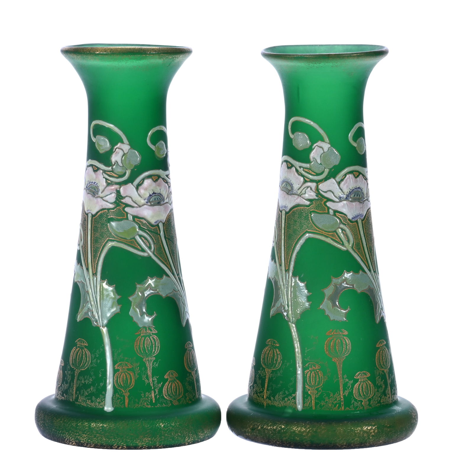 Pair Vases, Unmarked Mont Joye Style, Frosted Green Art Glass, Heavy Enamel Poppy Decor (1 of 3)