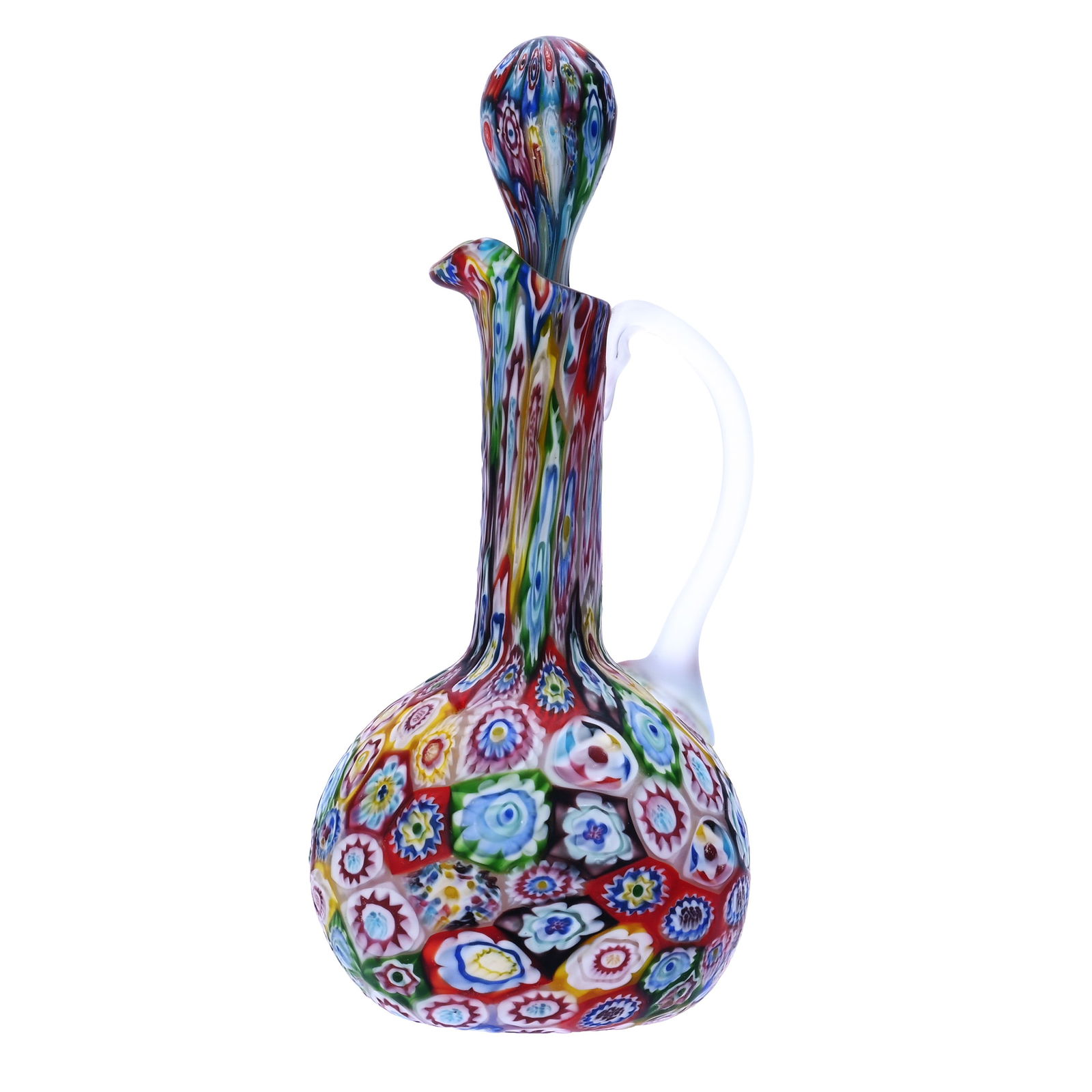 Cruet Bottle, Millefiori Art Glass, Frosted Applied Handle, Pattern Matched Stopper (1 of 3)