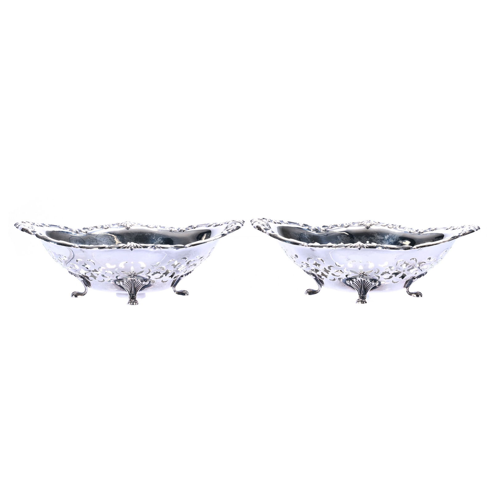 Pair Footed Reticulated Oval Bowls, Marked Birks Sterling Silver: Pair Footed Reticulated Oval Bowls, Marked Birks Sterling Silver, 6.75 x 4.75 x 2.25 Inches, 170 Grams, Colorado Private Collection.