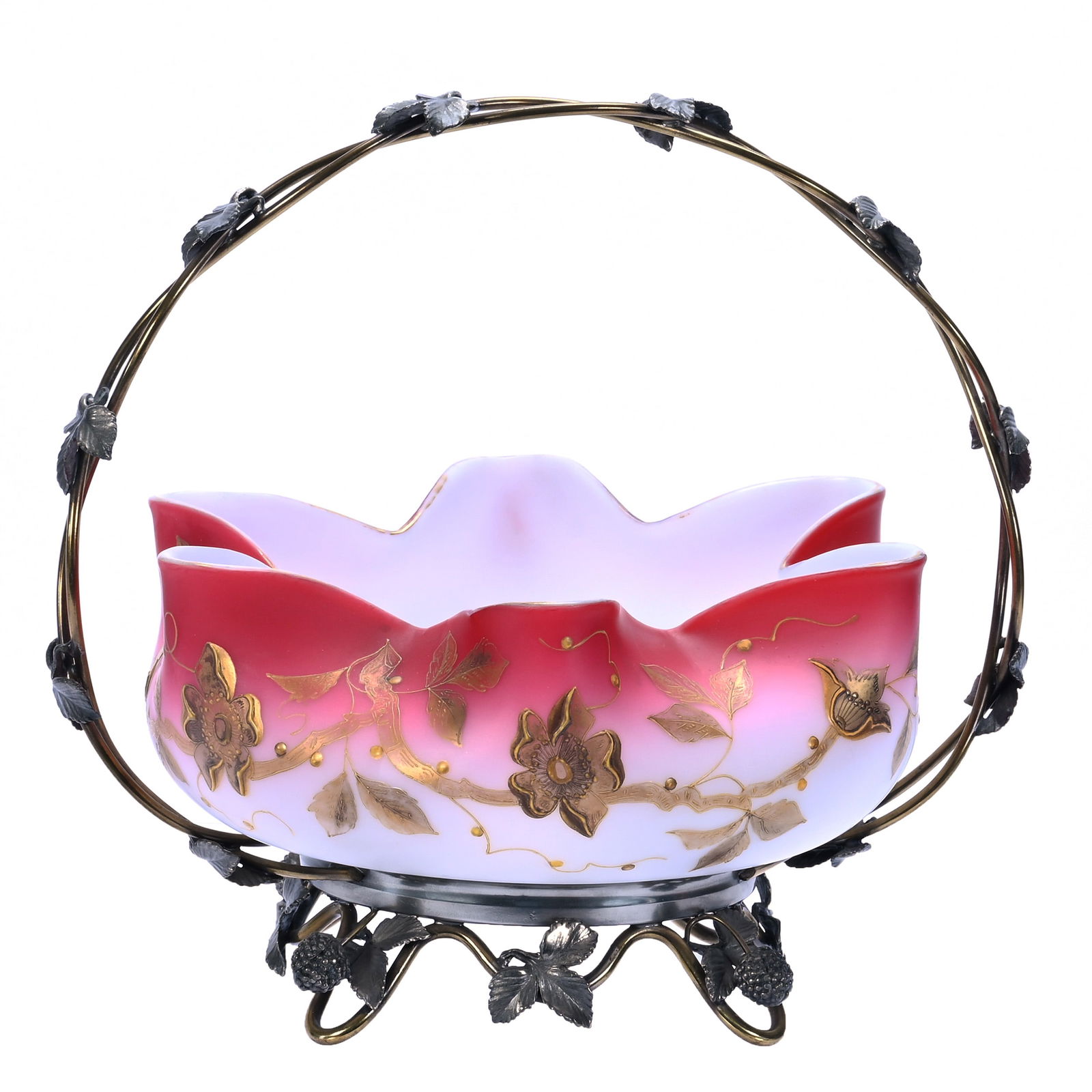 Victorian Brides Basket, Pink And White Satin Art Glass, Attributed To Webb (1 of 4)