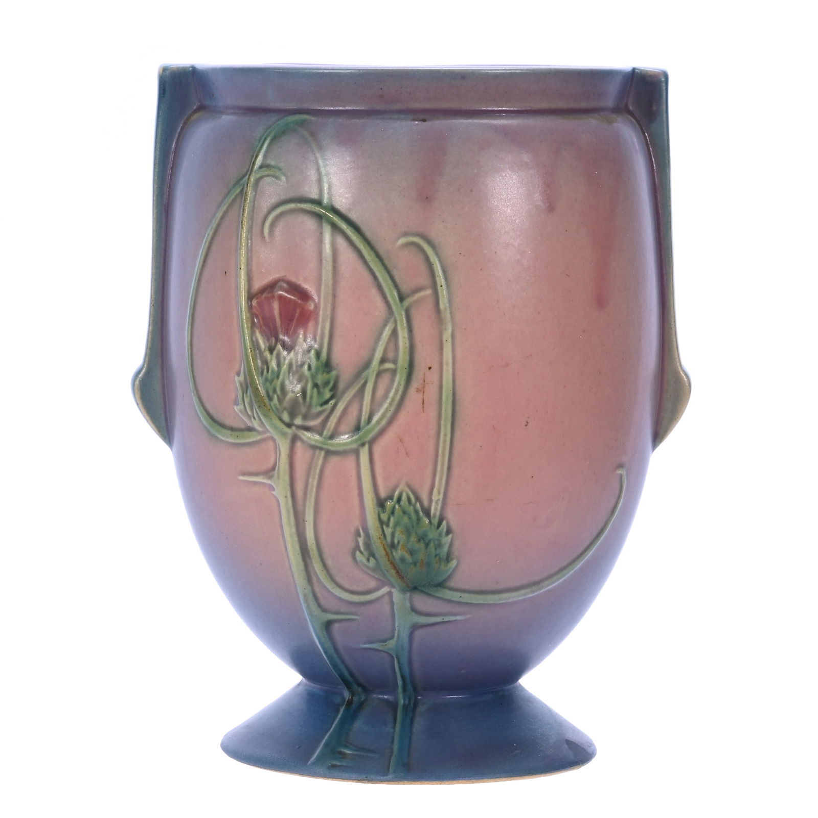 Pedestal Vase, Unmarked Roseville Art Pottery, Futura Thistle Pattern (1 of 3)