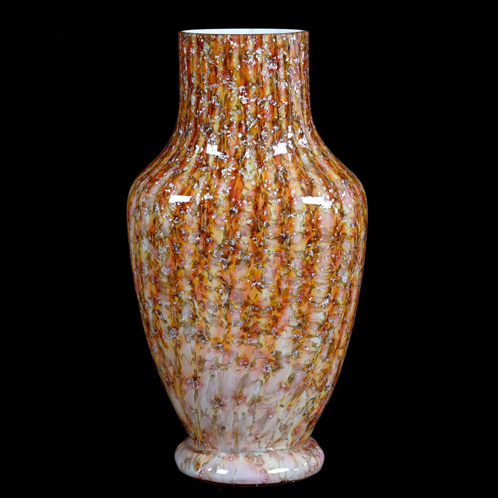 Vase, Cased Art Glass, Pink, Green And Yellow Striped With Silver Mica Highlights (1 of 3)