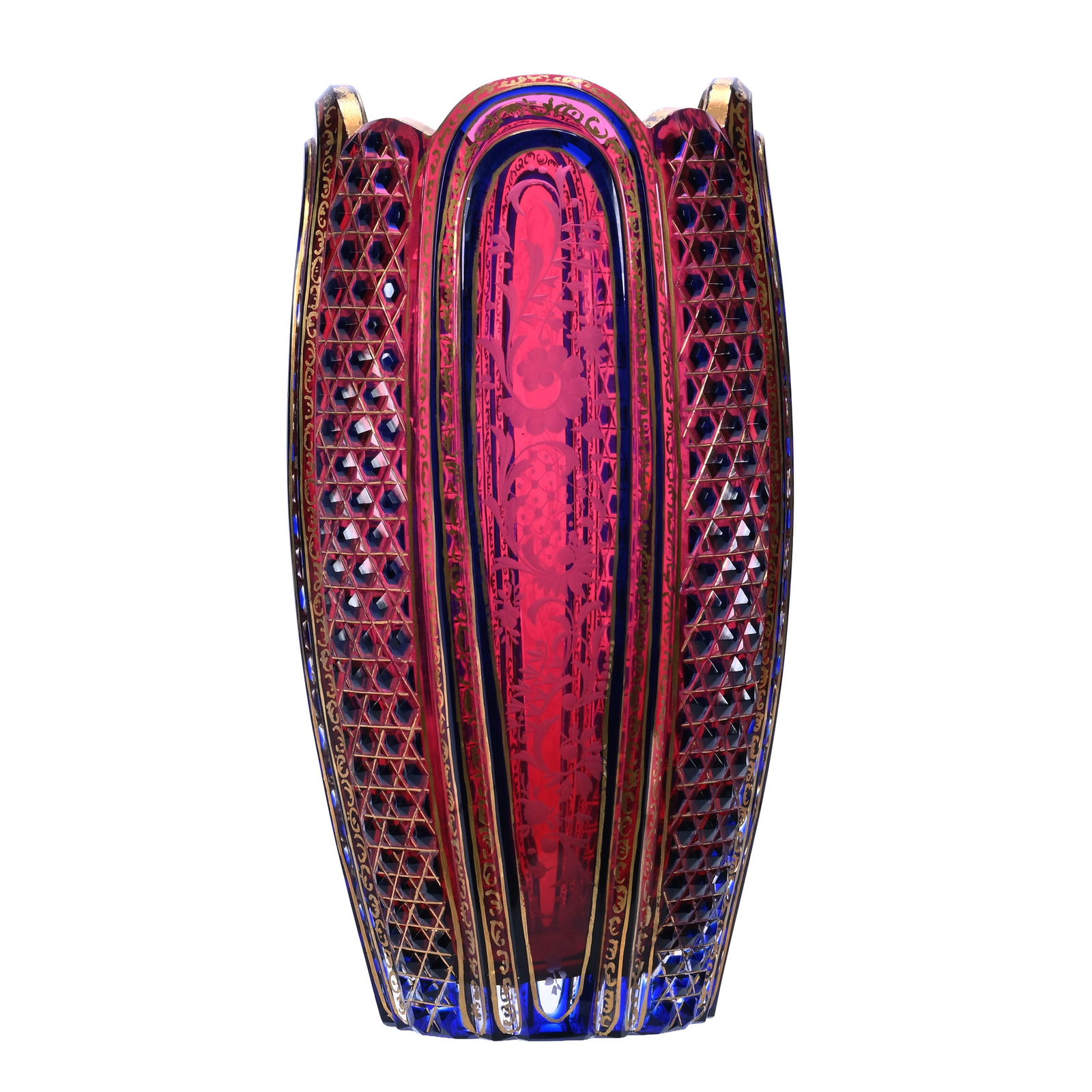 Vase, Beautiful Bohemian Art Glass, Blue Cut To Cranberry (1 of 3)