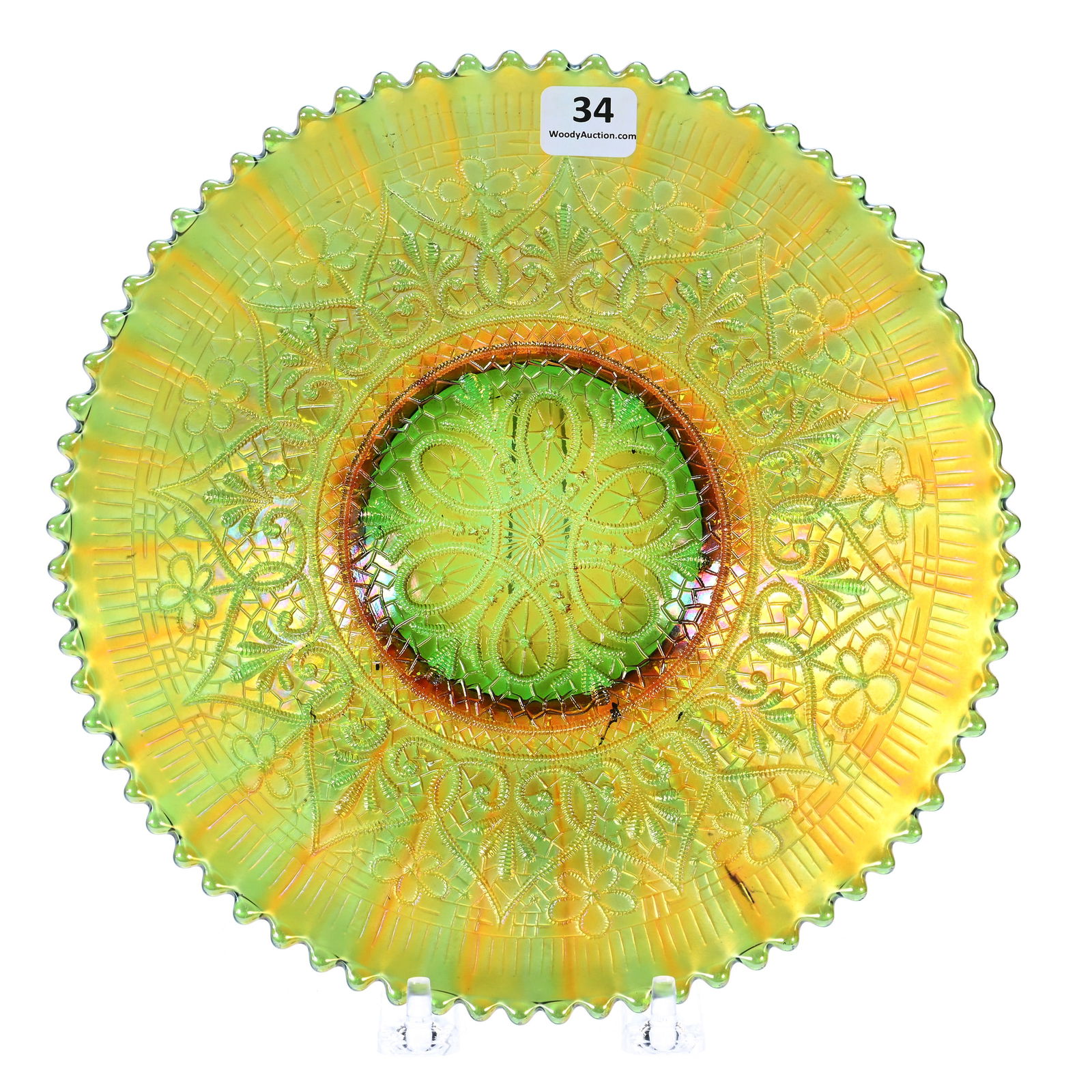Plate, Carnival Glass, Hearts And Flowers Pattern By Northwood, Green (1 of 2)
