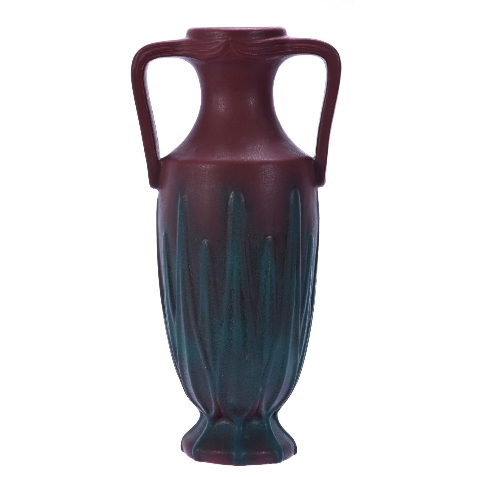Vase, Two Handles, Marked Van Briggle Art Pottery, Yucca Leaf Pattern, Mauve Shading To Green Glaze (1 of 3)